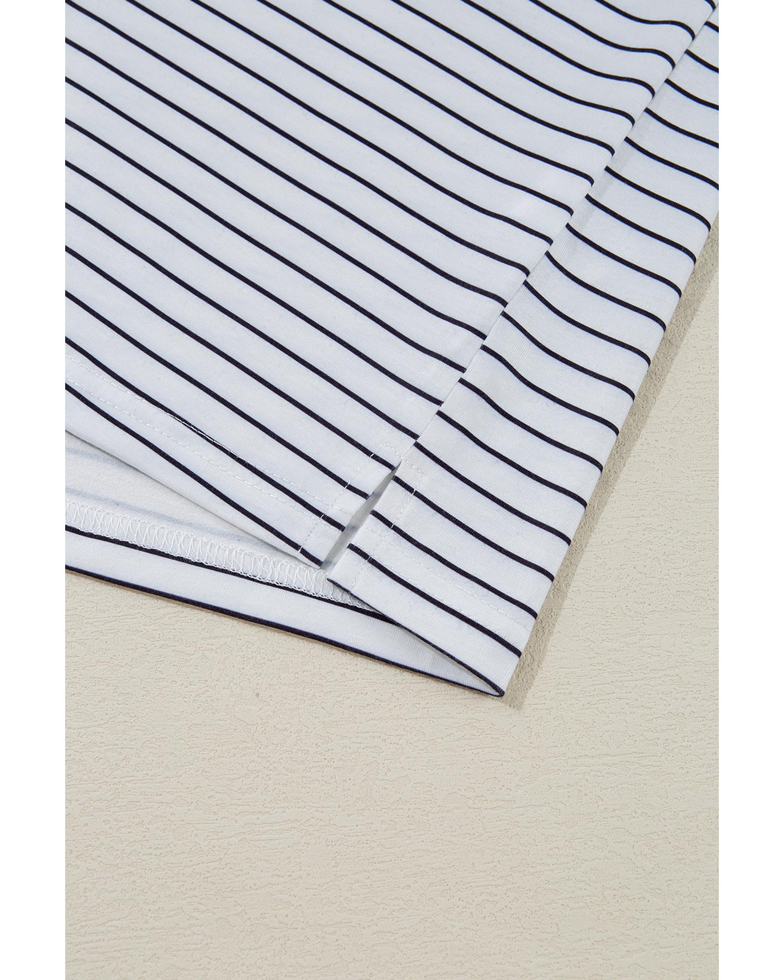 White Stripe Ruffled Short Sleeve Crew Neck T Shirt Shift Mini Dress - M