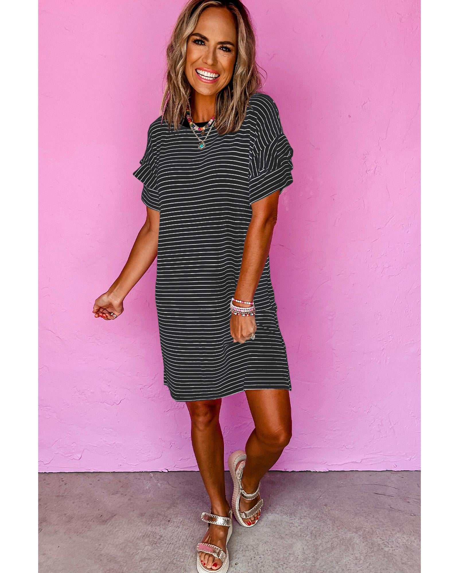 Black Stripe Ruffled Short Sleeve Crew Neck T Shirt Shift Mini Dress - L