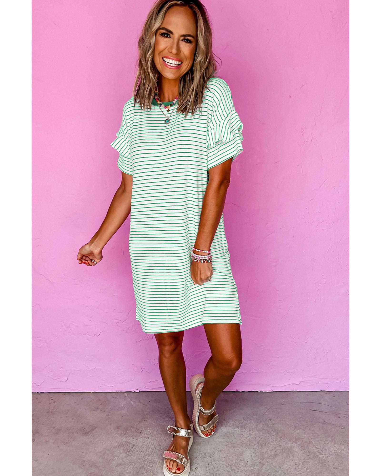 Green Stripe Ruffled Short Sleeve Crew Neck T Shirt Shift Mini Dress - XL
