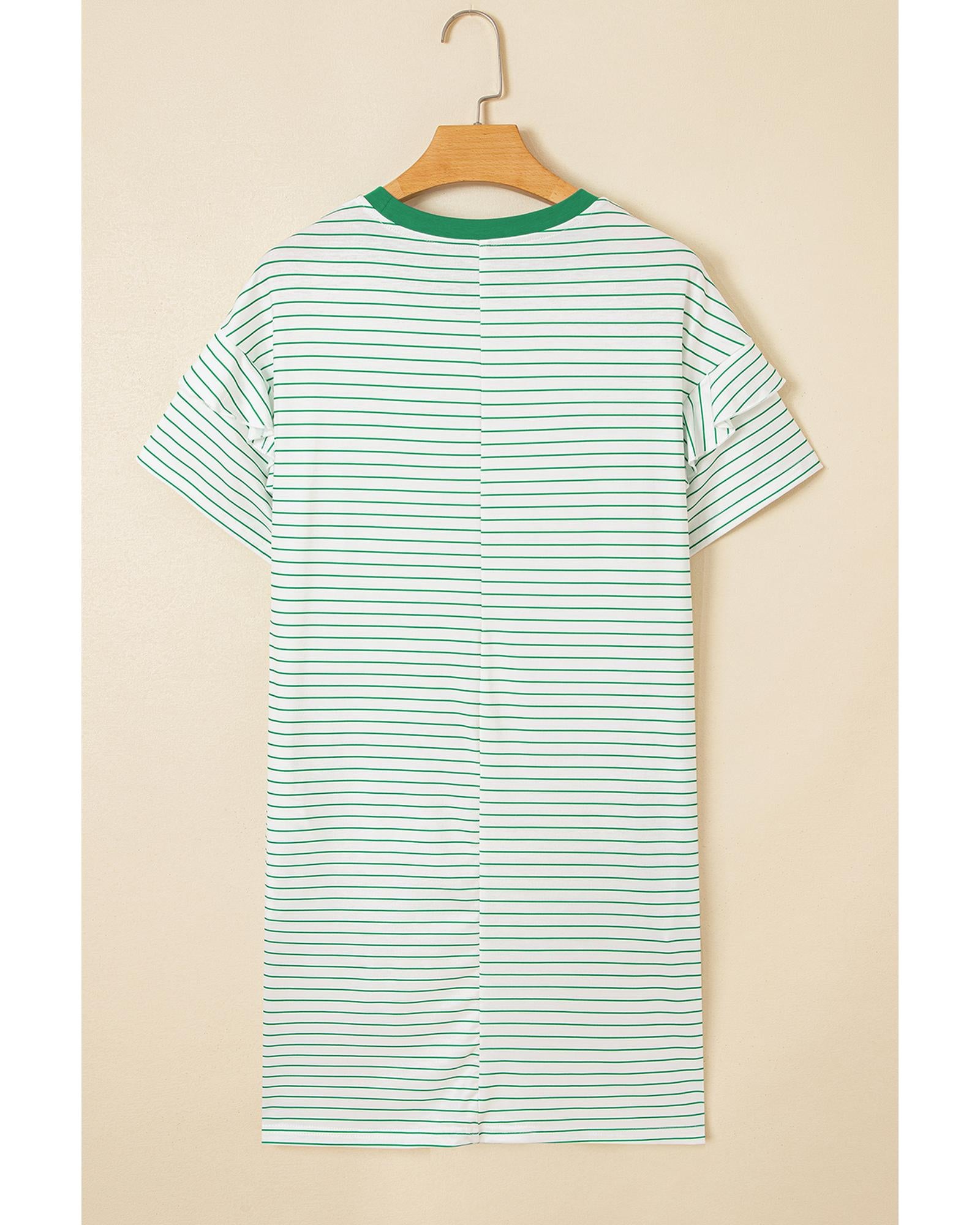 Green Stripe Ruffled Short Sleeve Crew Neck T Shirt Shift Mini Dress - XL