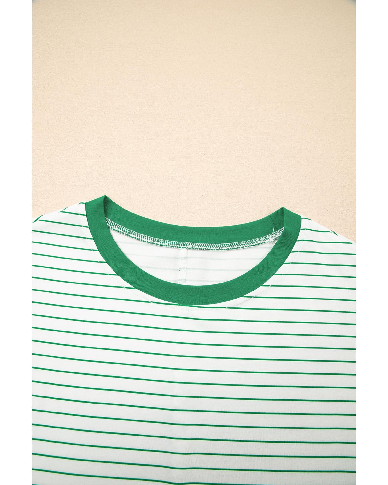 Green Stripe Ruffled Short Sleeve Crew Neck T Shirt Shift Mini Dress - XL