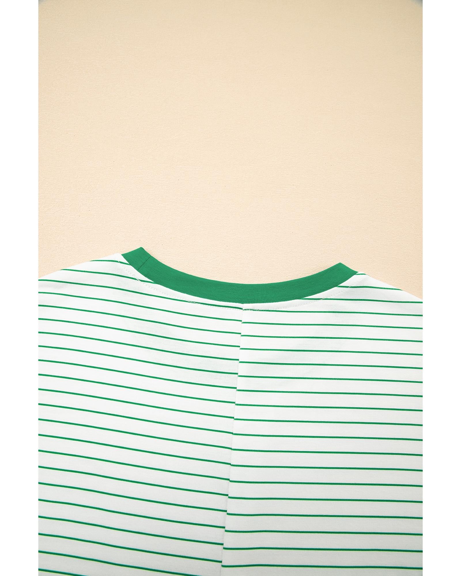 Green Stripe Ruffled Short Sleeve Crew Neck T Shirt Shift Mini Dress - XL
