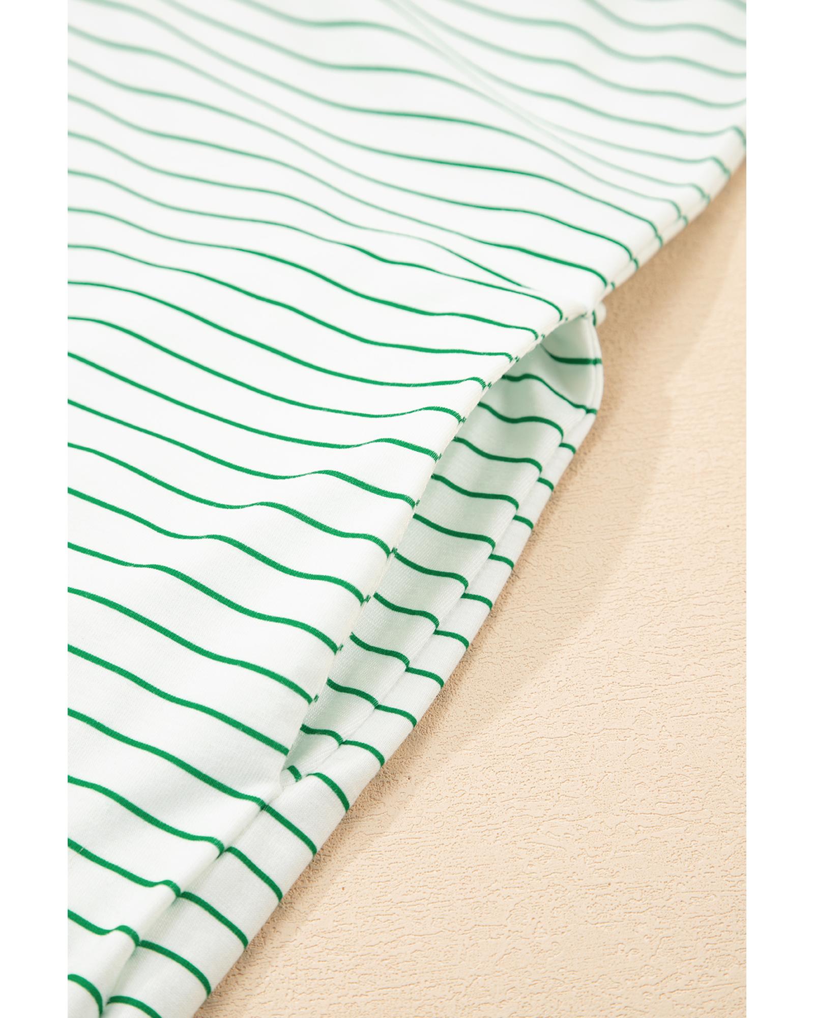 Green Stripe Ruffled Short Sleeve Crew Neck T Shirt Shift Mini Dress - XL