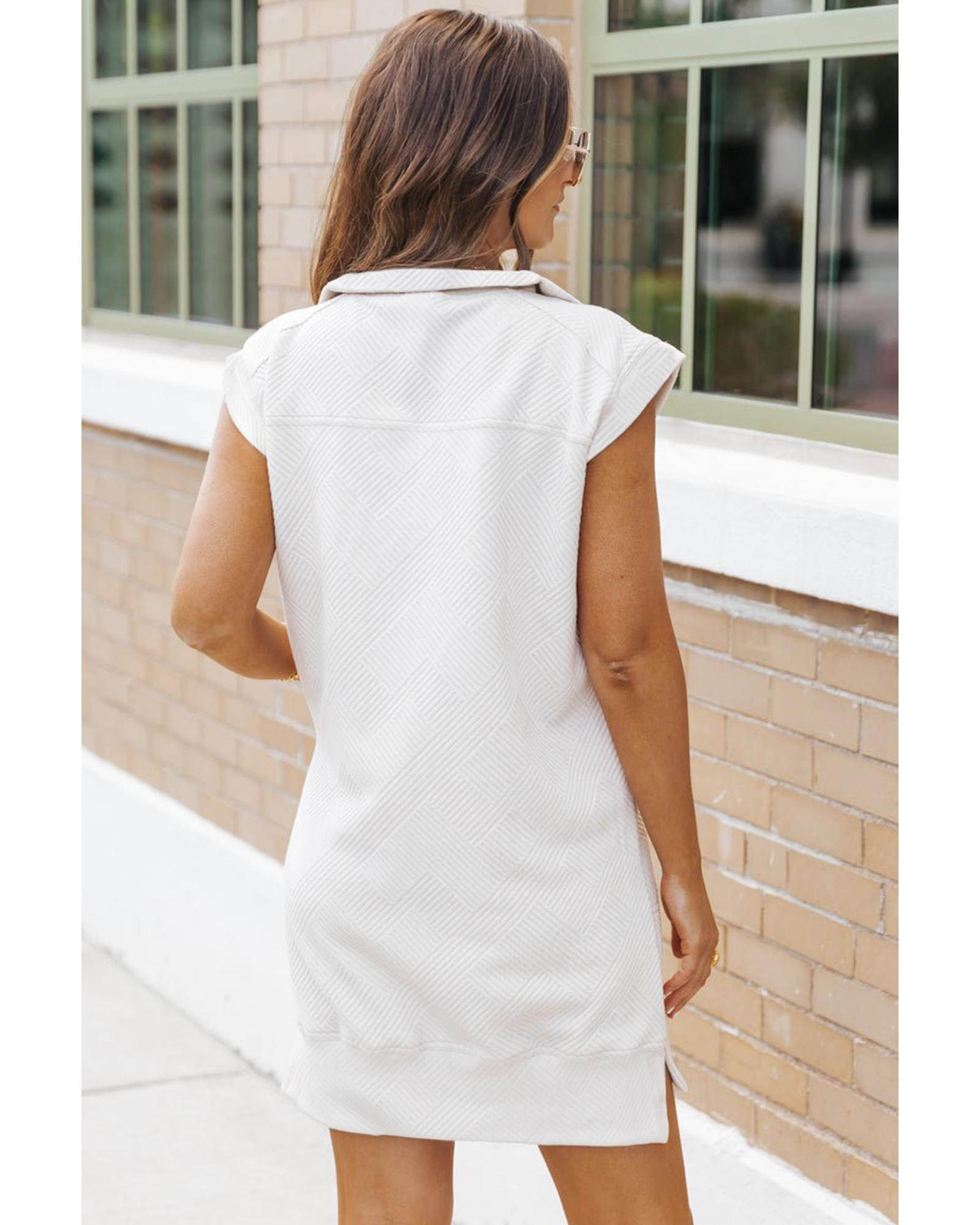 White Textured Half Zip Collared Cap Sleeve Mini Dress - L