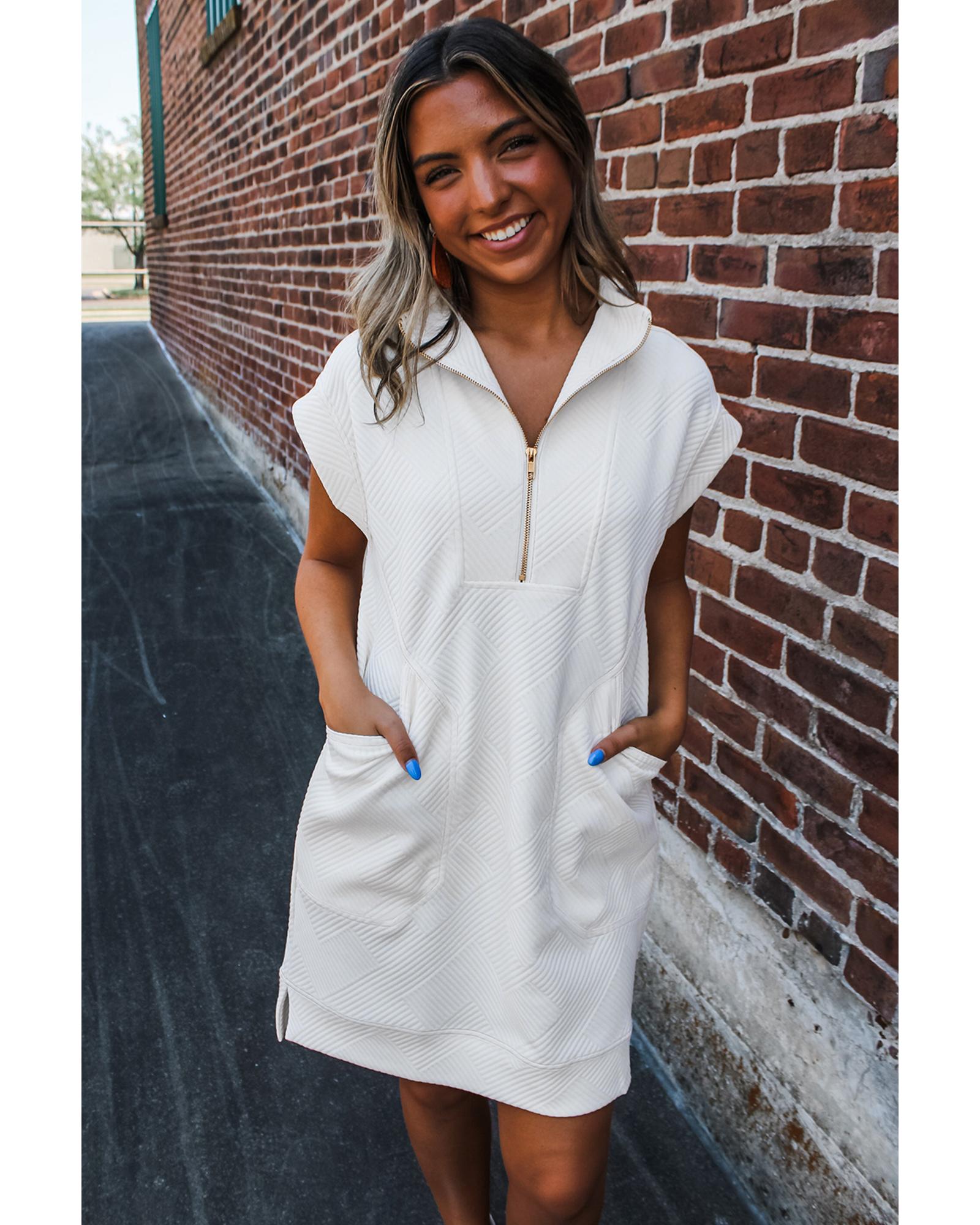 White Textured Half Zip Collared Cap Sleeve Mini Dress - XL