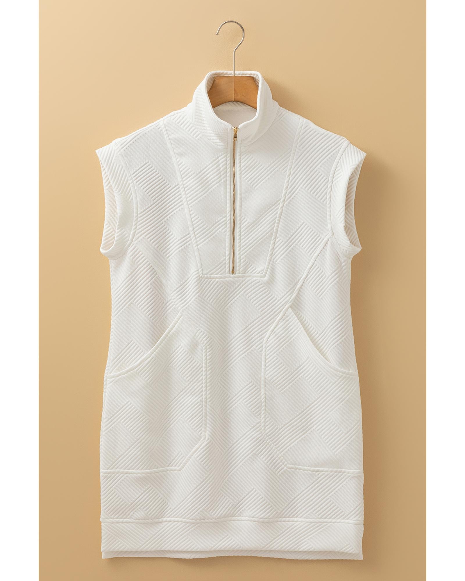 White Textured Half Zip Collared Cap Sleeve Mini Dress - XL