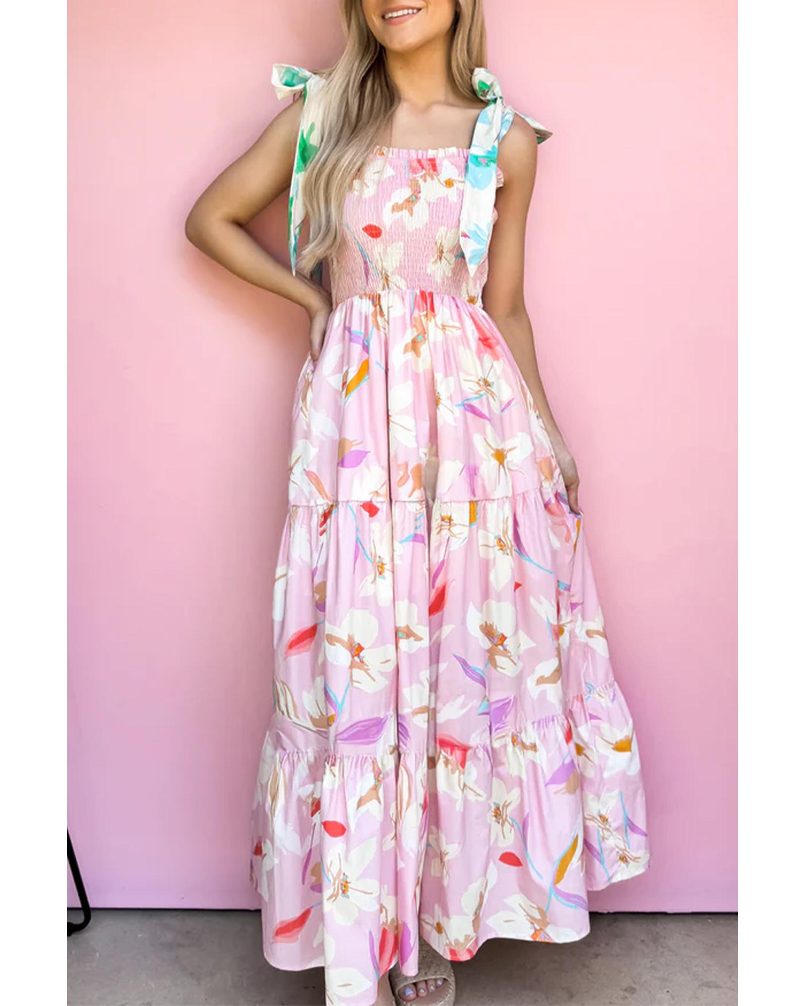 Pink Floral Print Knotted Shoulder Smocked Maxi Dress - L