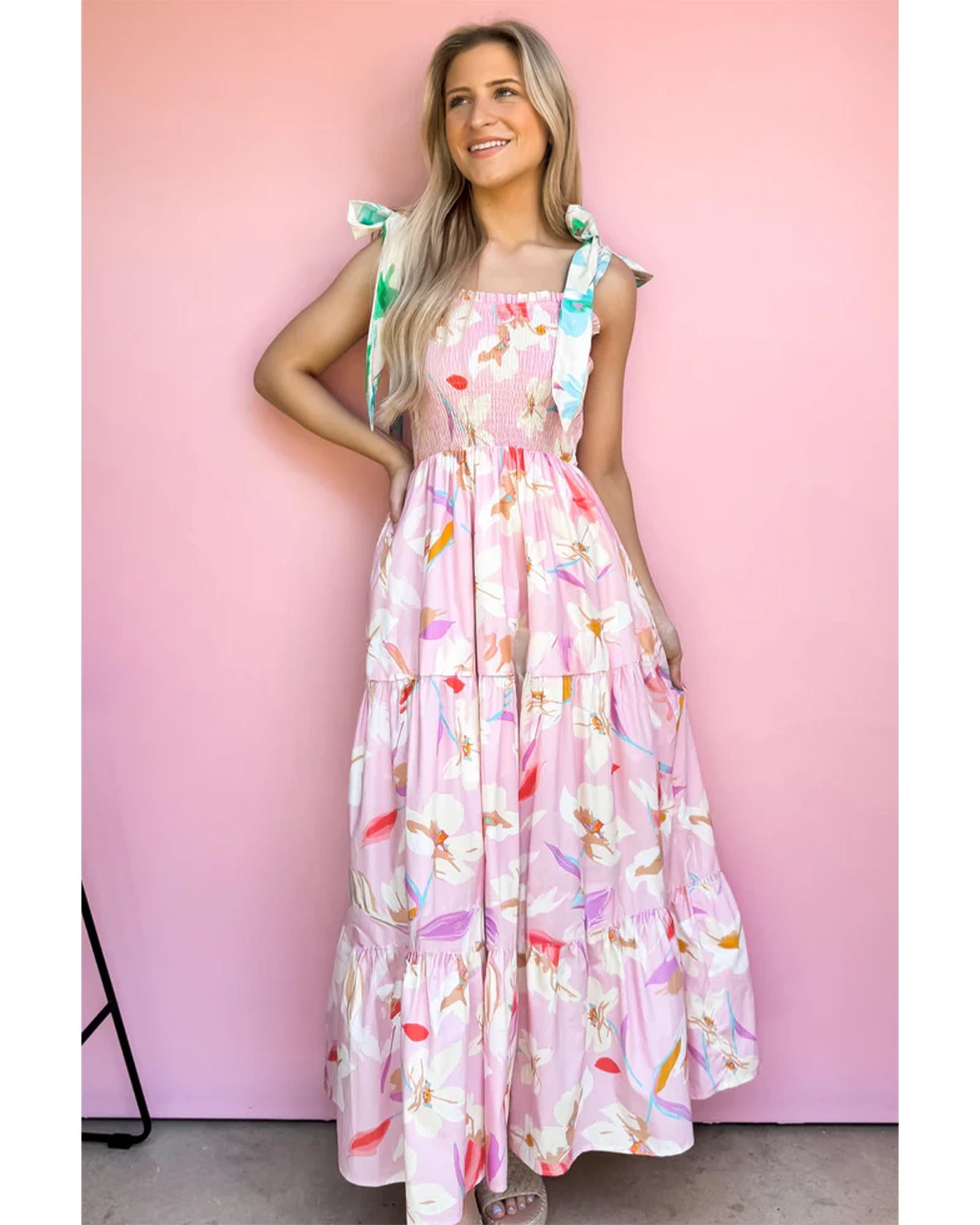 Pink Floral Print Knotted Shoulder Smocked Maxi Dress - M