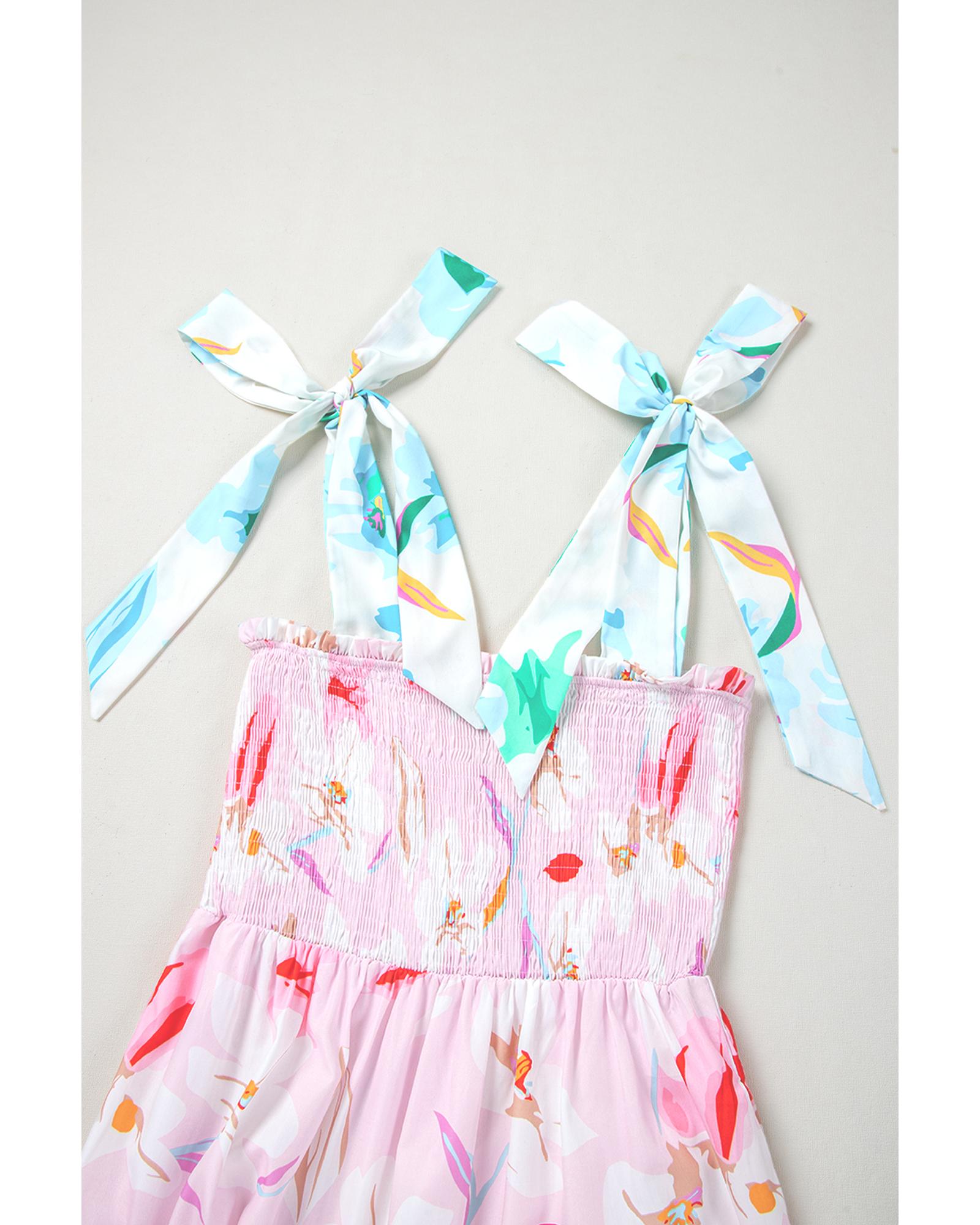 Pink Floral Print Knotted Shoulder Smocked Maxi Dress - M