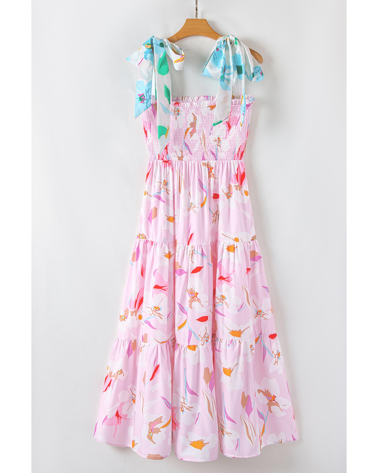 Pink Floral Print Knotted Shoulder Smocked Maxi Dress - M