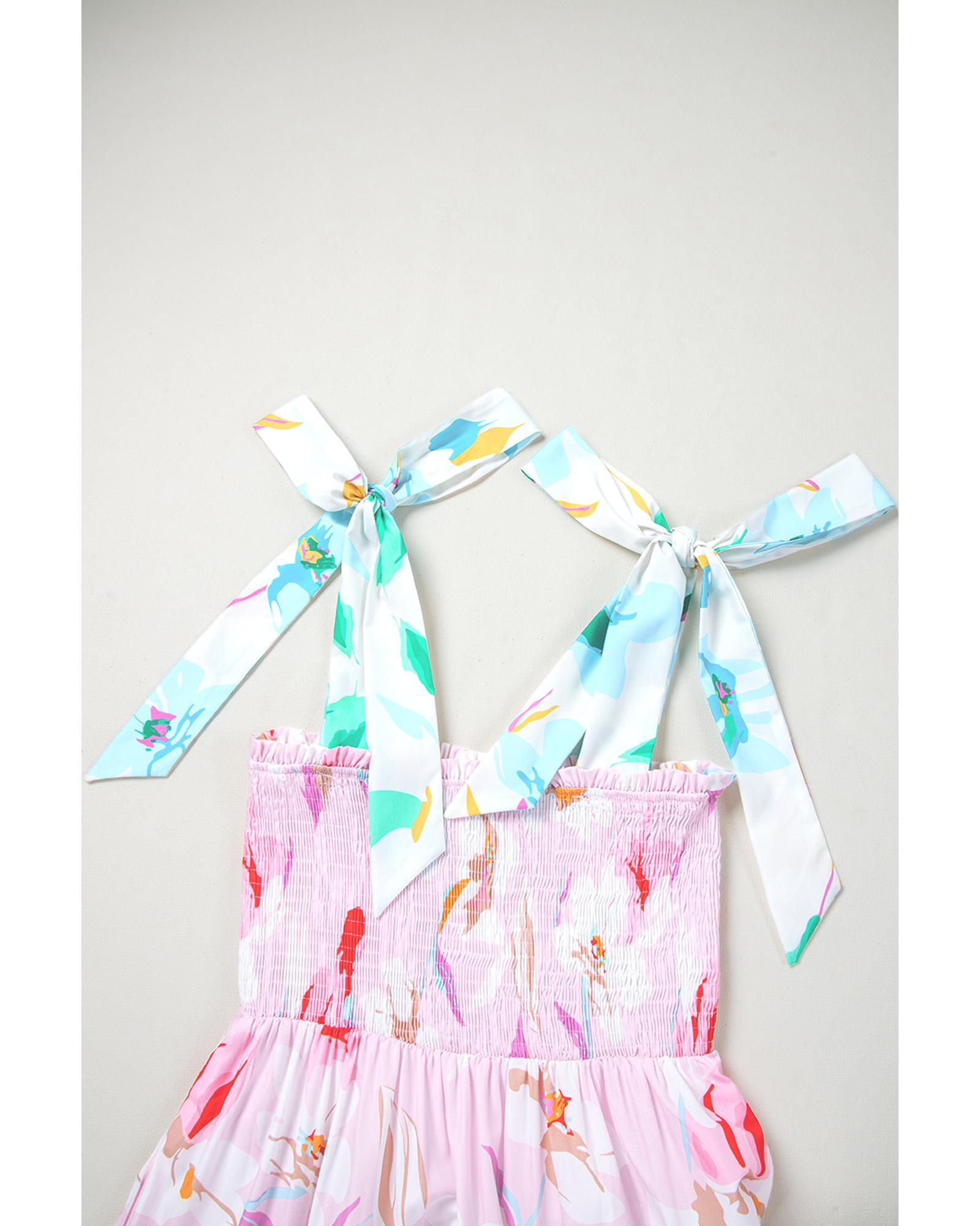 Pink Floral Print Knotted Shoulder Smocked Maxi Dress - XL