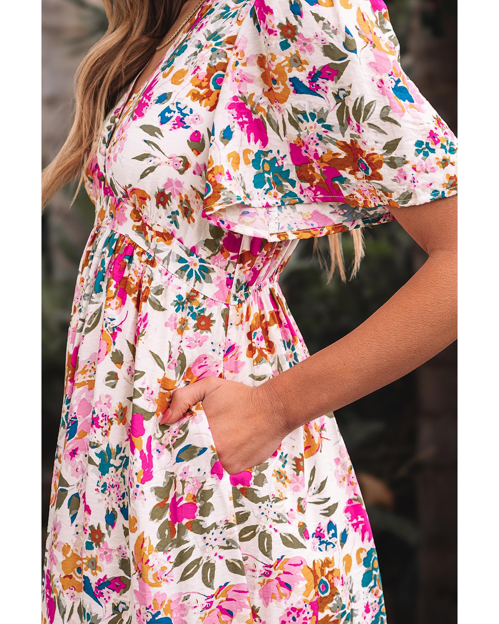 Red Floral Short Sleeve V Neck High Waist Maxi Dress - L