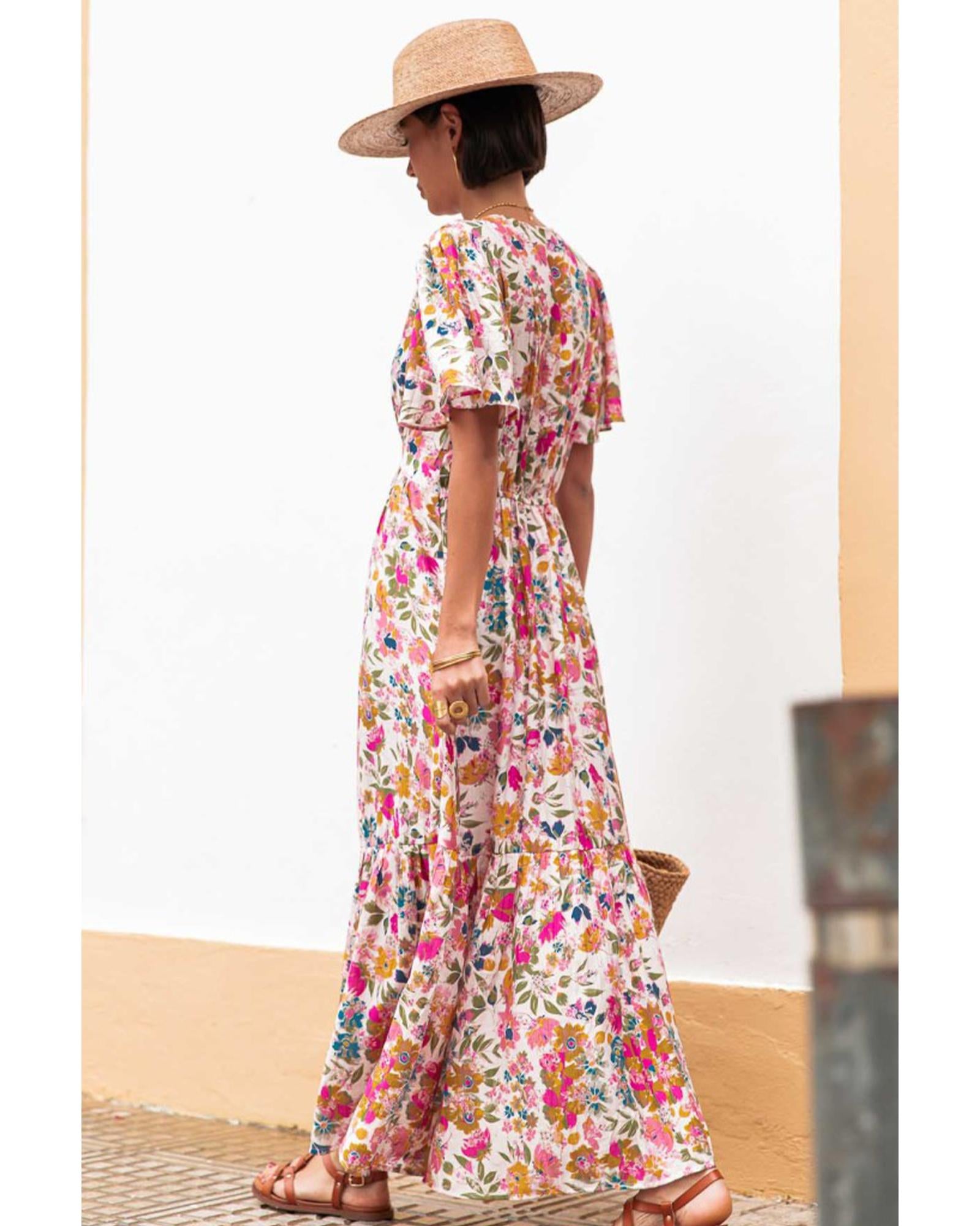Red Floral Short Sleeve V Neck High Waist Maxi Dress - L