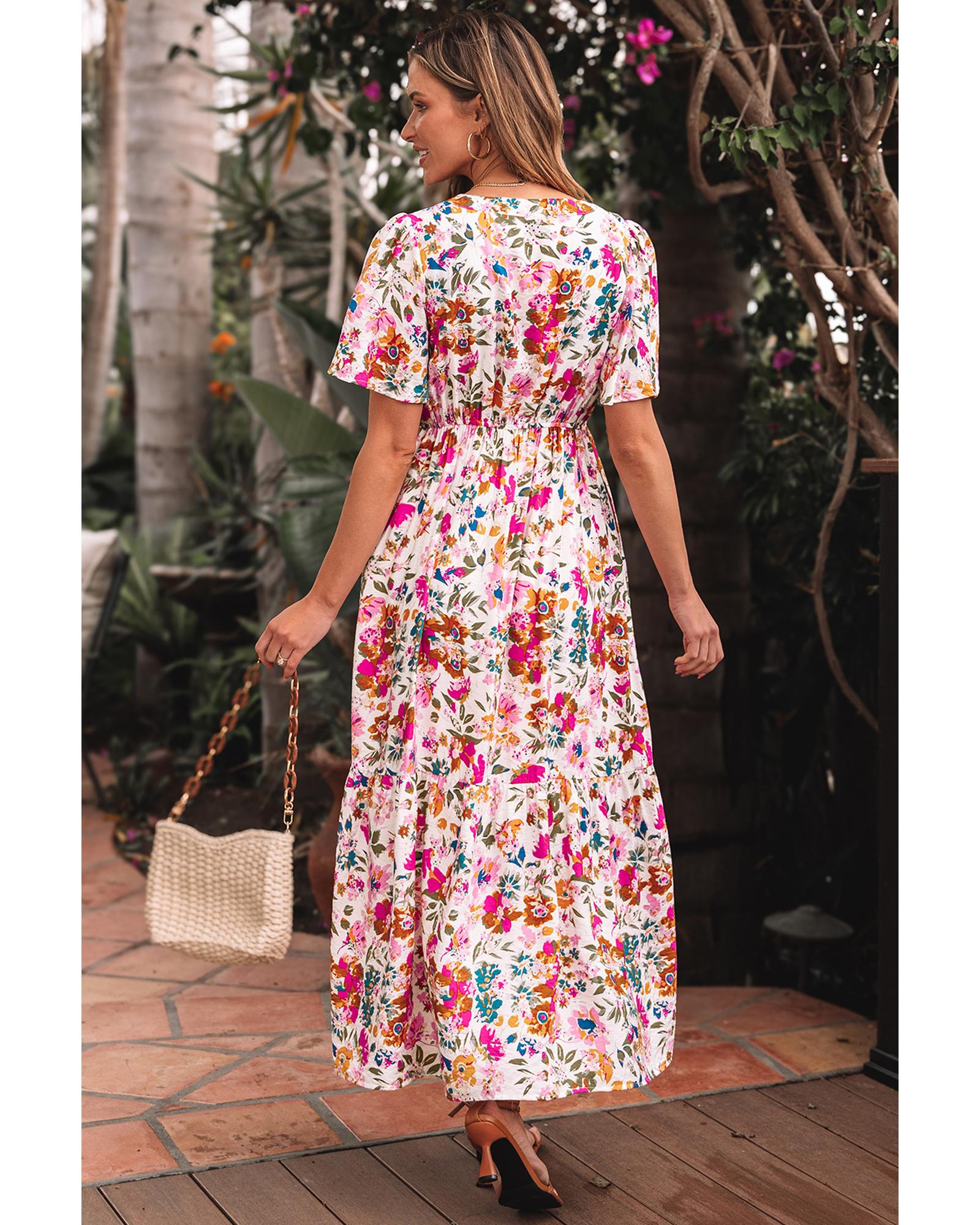 Red Floral Short Sleeve V Neck High Waist Maxi Dress - S