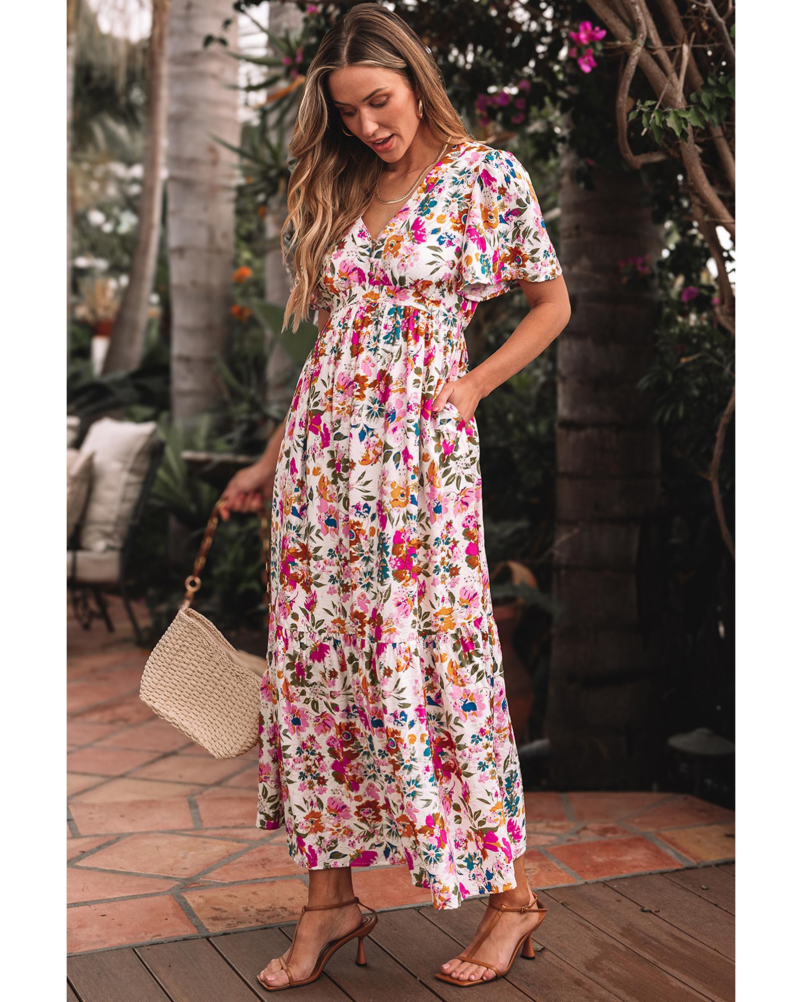 Red Floral Short Sleeve V Neck High Waist Maxi Dress - S