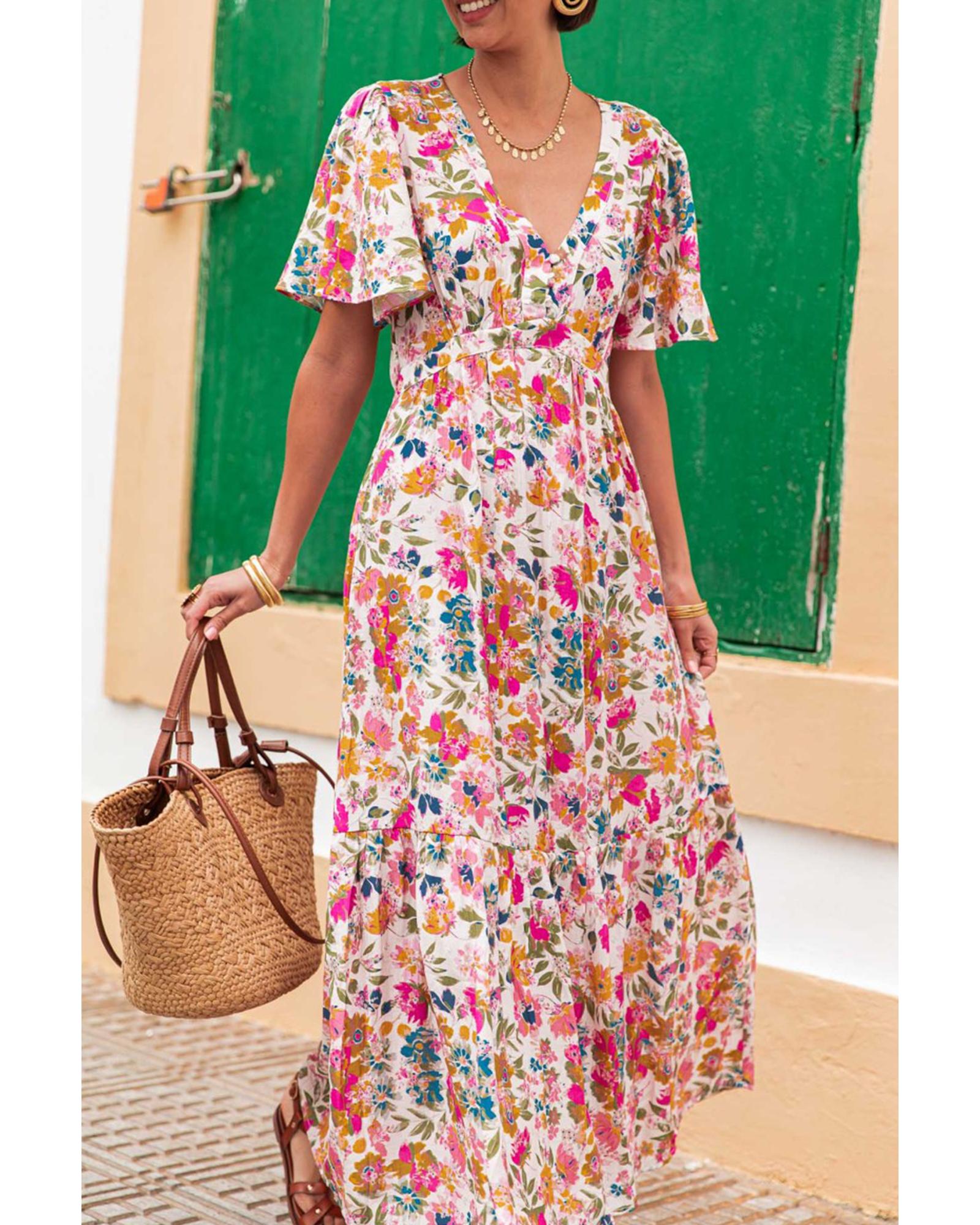 Red Floral Short Sleeve V Neck High Waist Maxi Dress - S