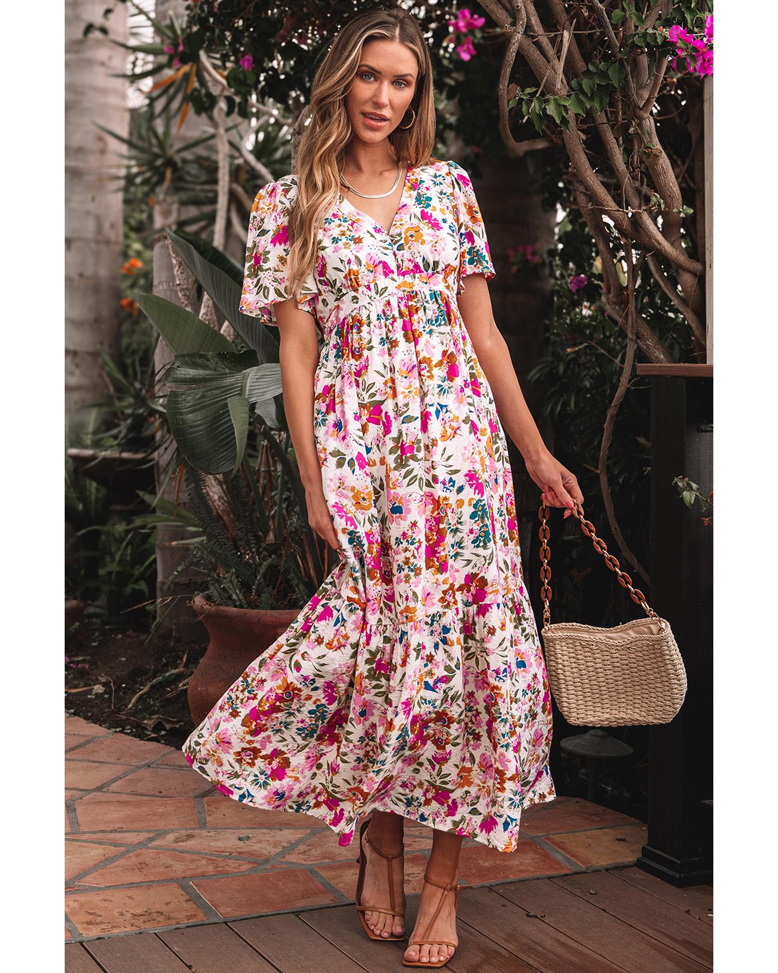 Red Floral Short Sleeve V Neck High Waist Maxi Dress - XL