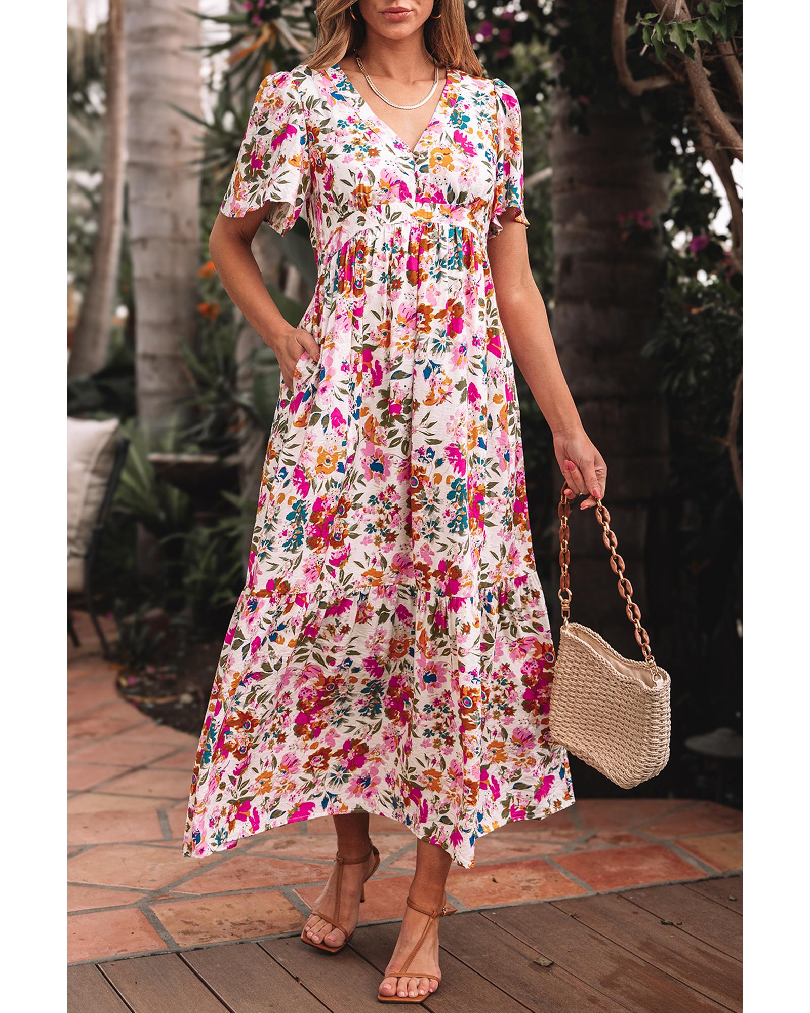 Red Floral Short Sleeve V Neck High Waist Maxi Dress - XL