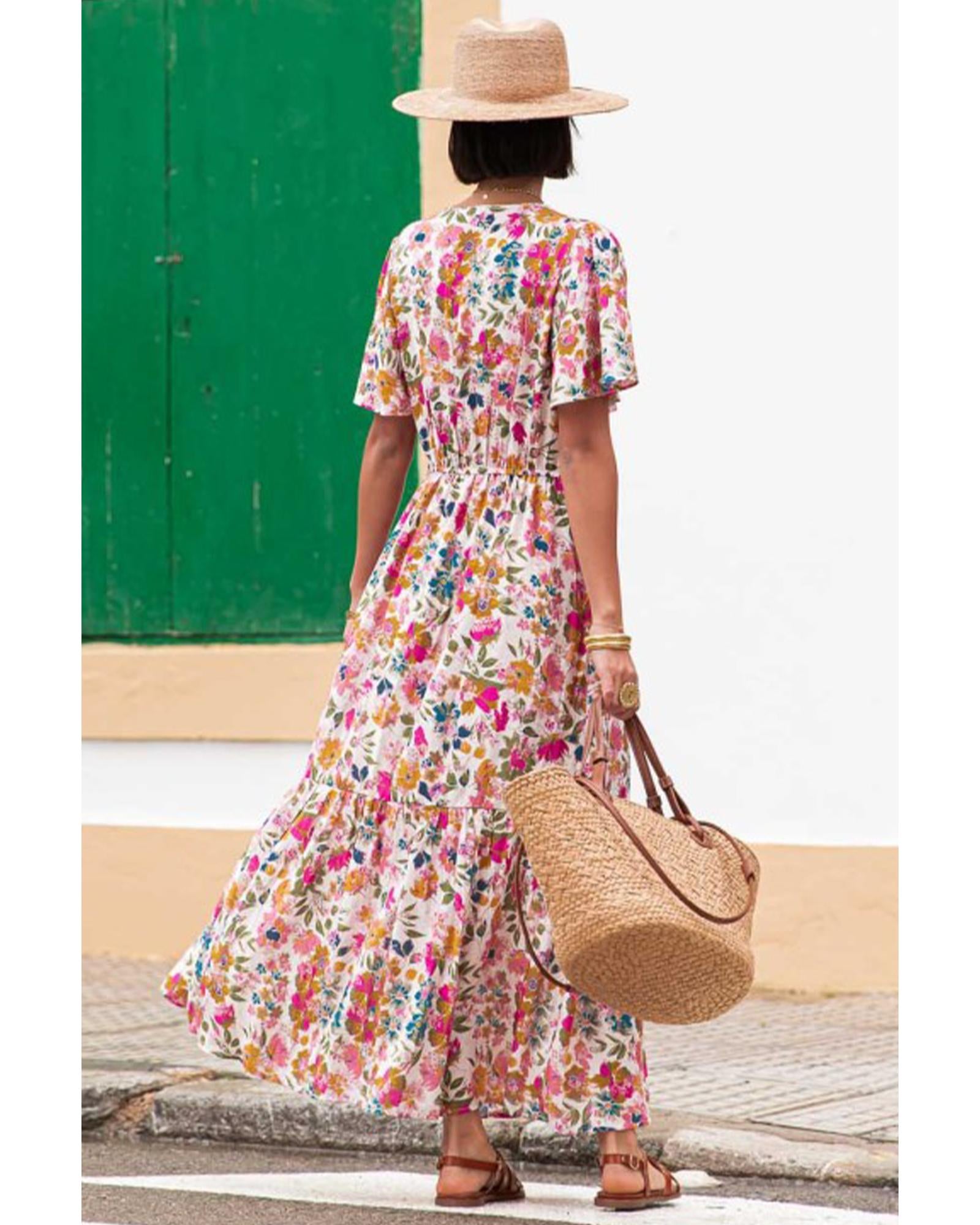 Red Floral Short Sleeve V Neck High Waist Maxi Dress - XL