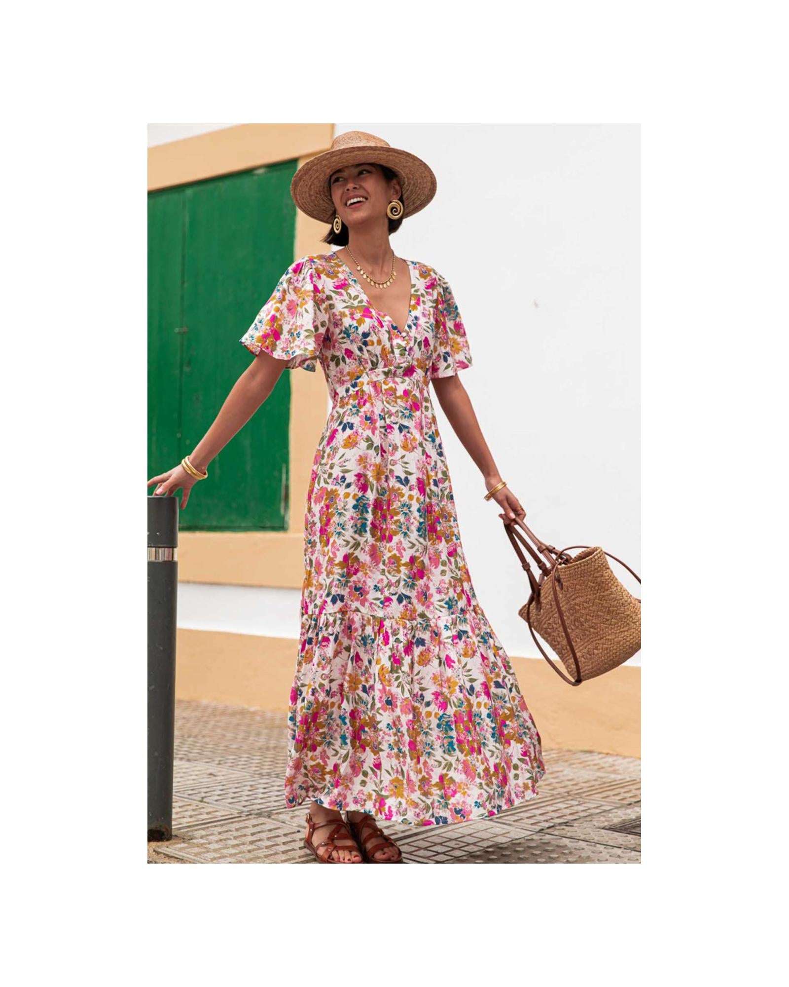 Red Floral Short Sleeve V Neck High Waist Maxi Dress - XL