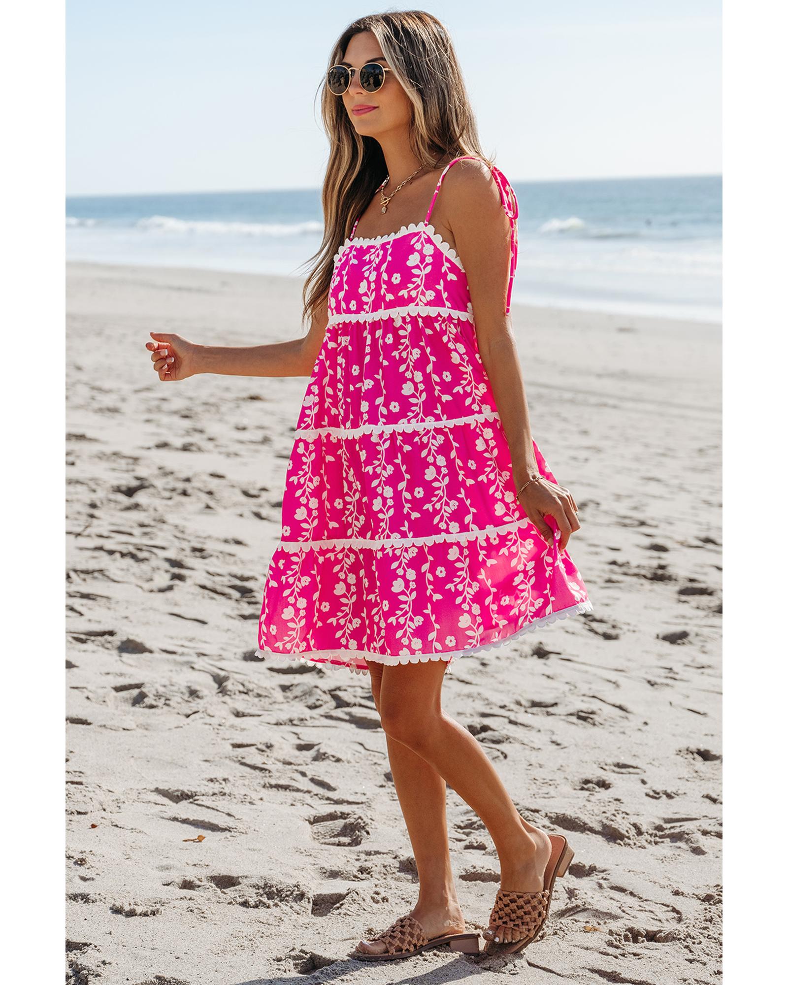Pink Floral Print Ric Rac Patched Sleeveless Mini Dress - XL