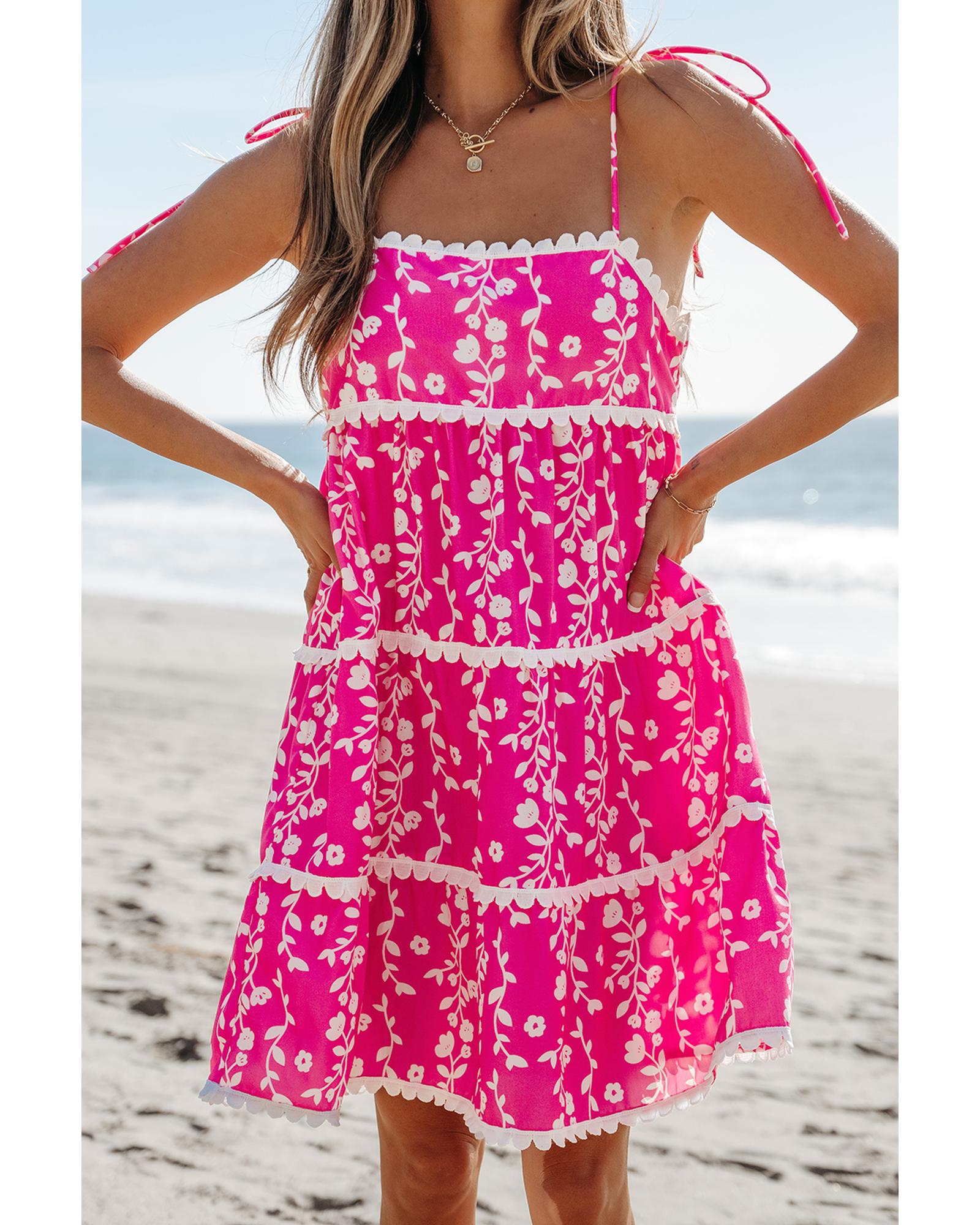 Pink Floral Print Ric Rac Patched Sleeveless Mini Dress - XL