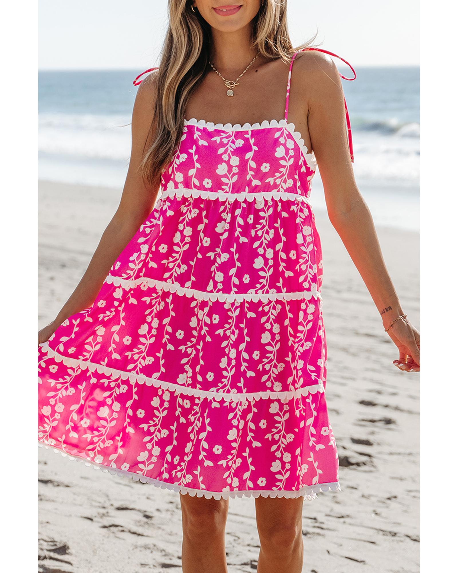 Pink Floral Print Ric Rac Patched Sleeveless Mini Dress - XL