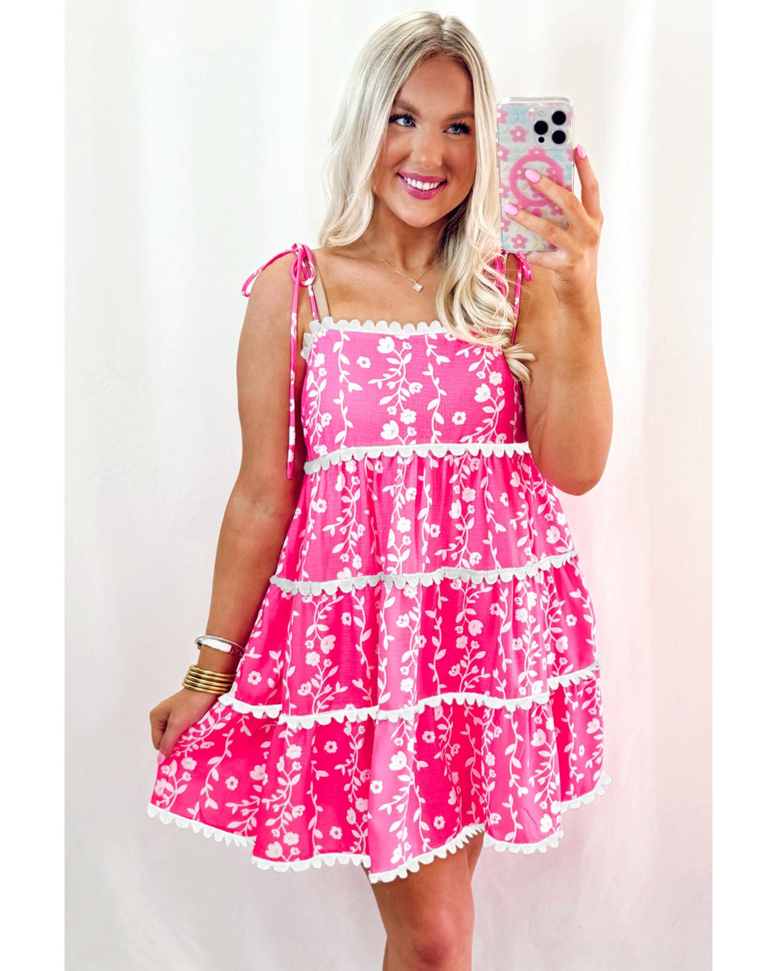 Pink Floral Print Ric Rac Patched Sleeveless Mini Dress - XL