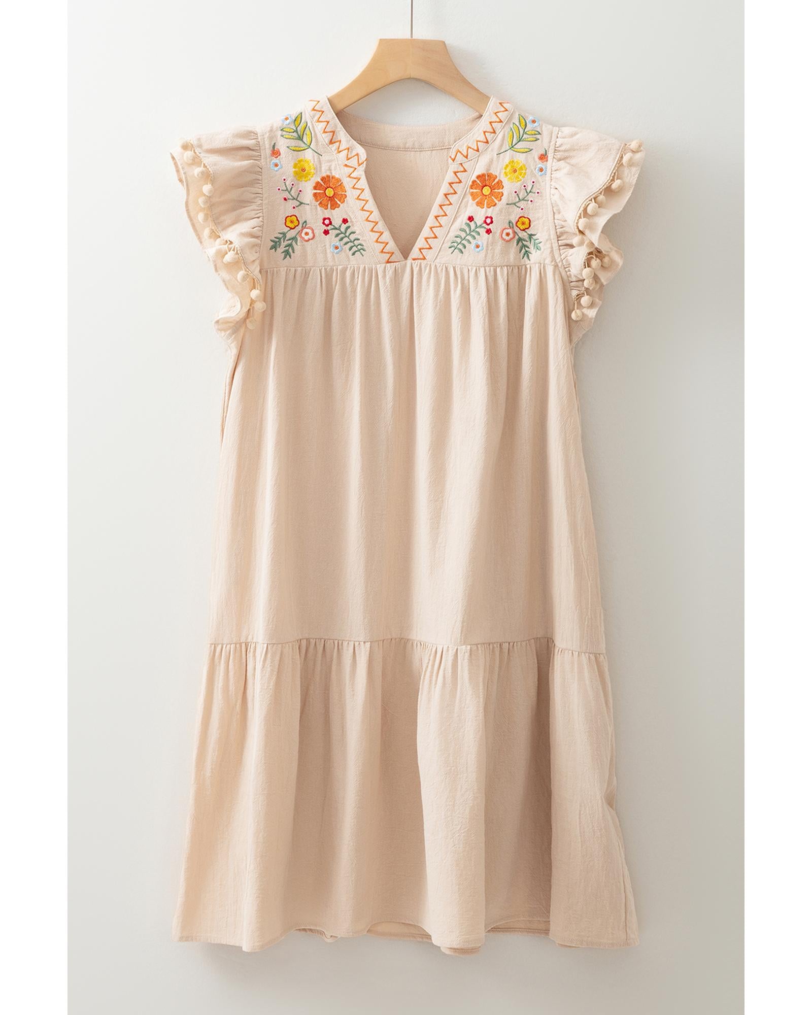 Jet Stream Linen Embroidery Split Neck Pom Pom Ruffle Sleeves Flowy Short Dress - L