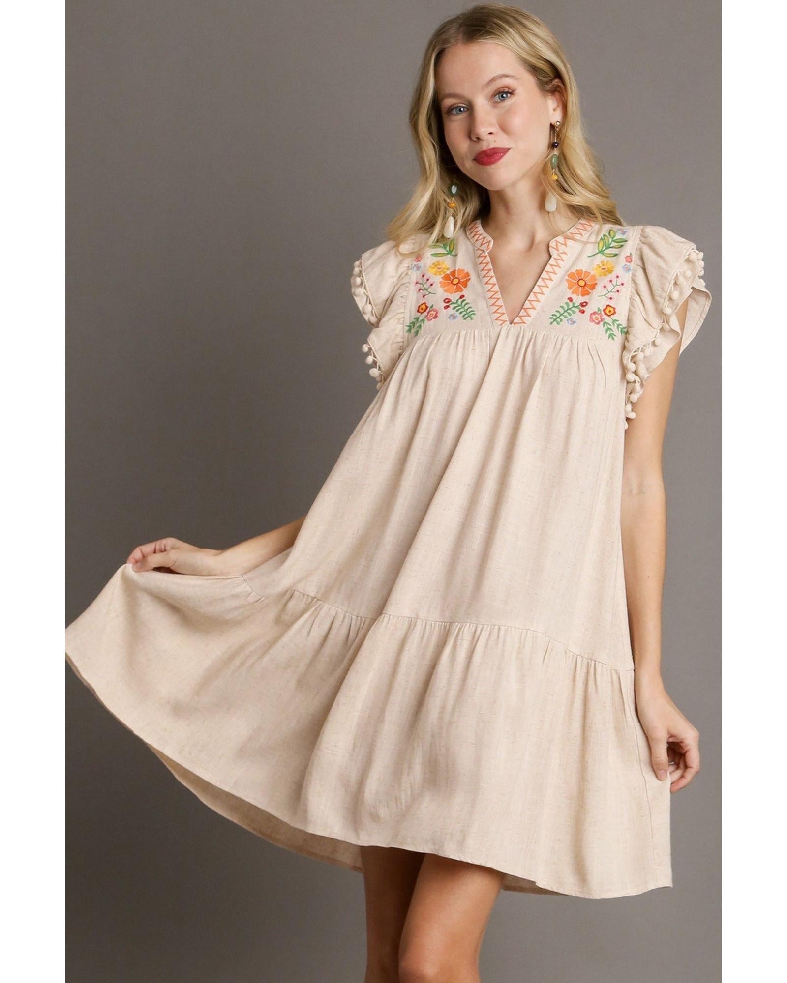Jet Stream Linen Embroidery Split Neck Pom Pom Ruffle Sleeves Flowy Short Dress - S