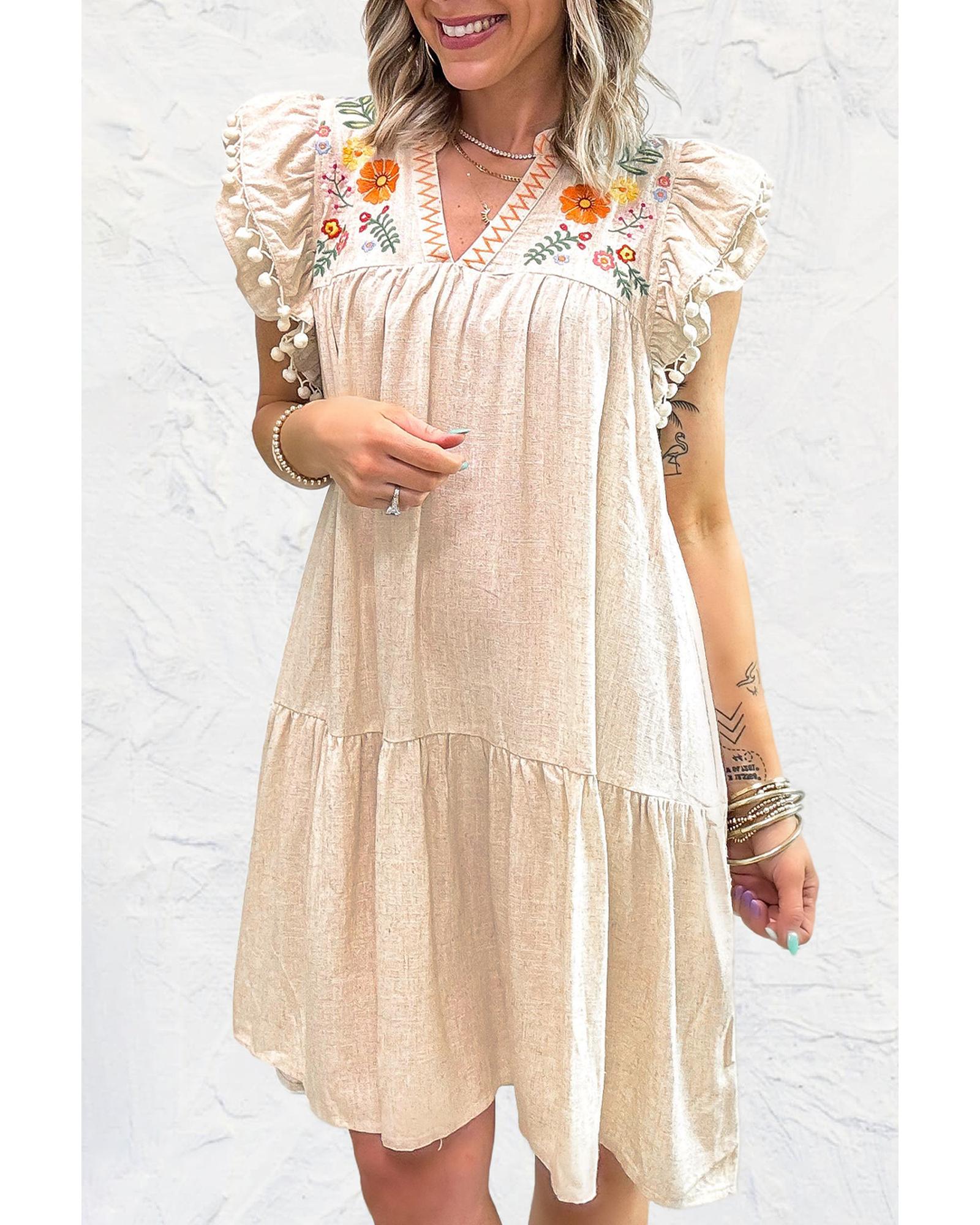 Jet Stream Linen Embroidery Split Neck Pom Pom Ruffle Sleeves Flowy Short Dress - S