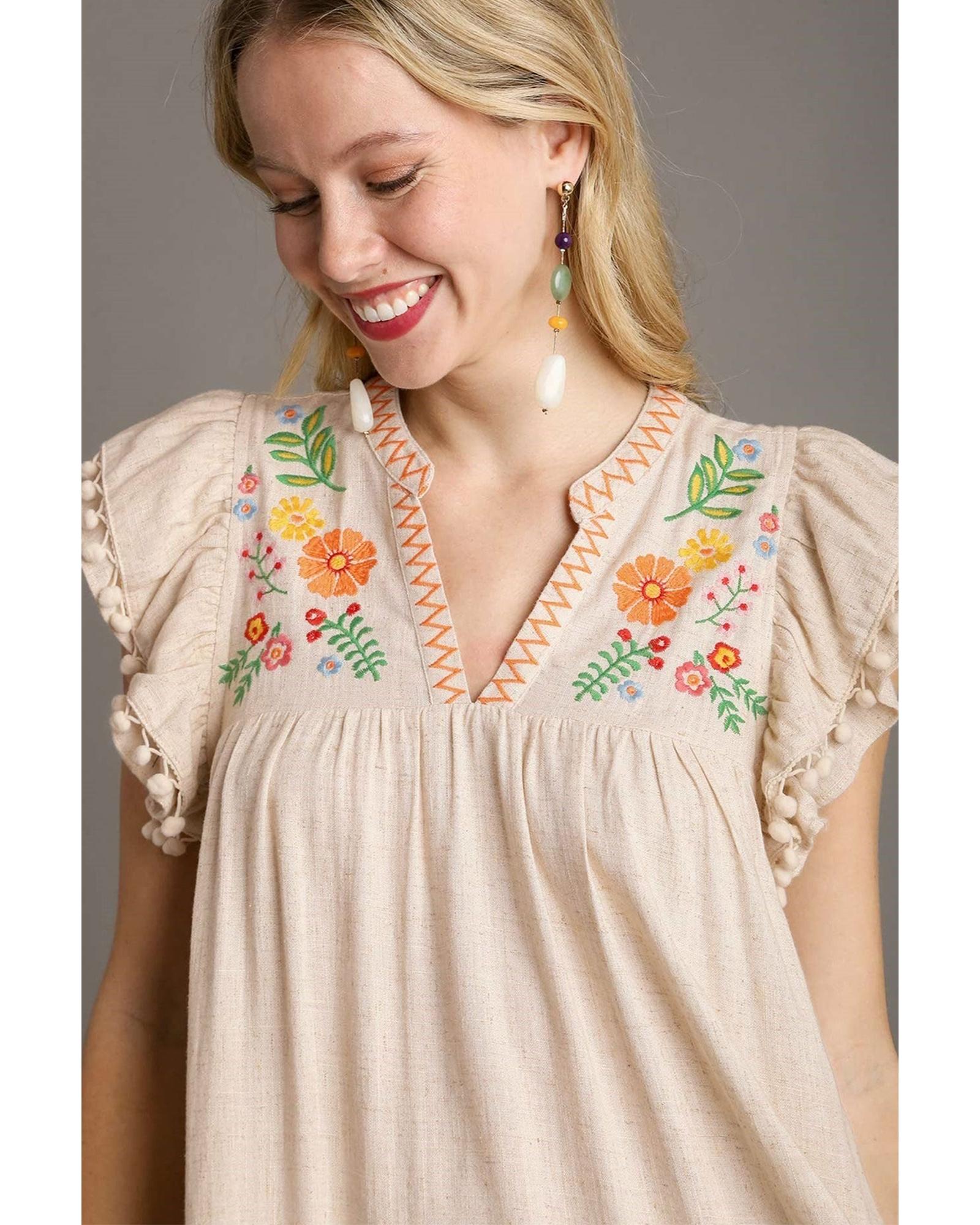 Jet Stream Linen Embroidery Split Neck Pom Pom Ruffle Sleeves Flowy Short Dress - S