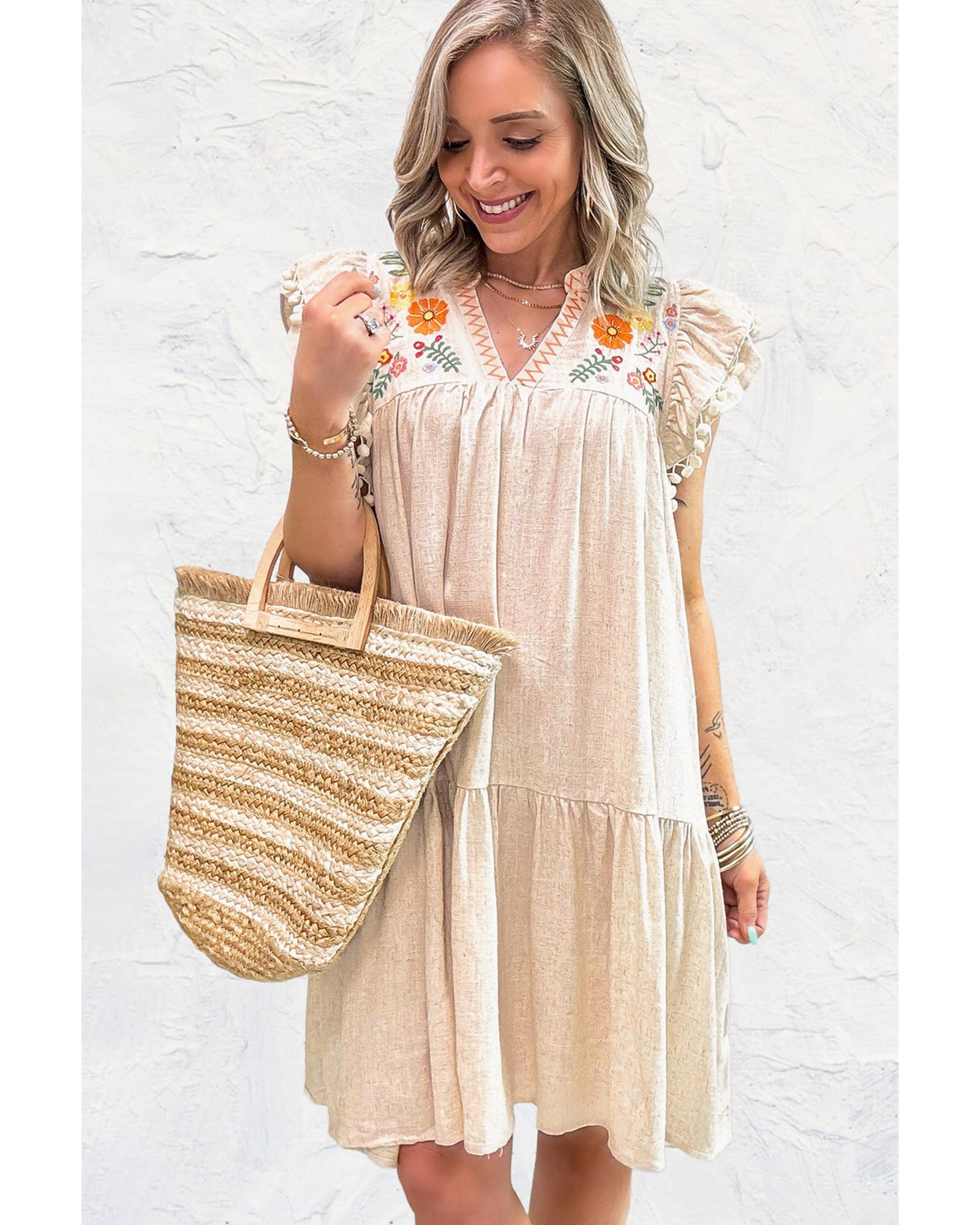 Jet Stream Linen Embroidery Split Neck Pom Pom Ruffle Sleeves Flowy Short Dress - S