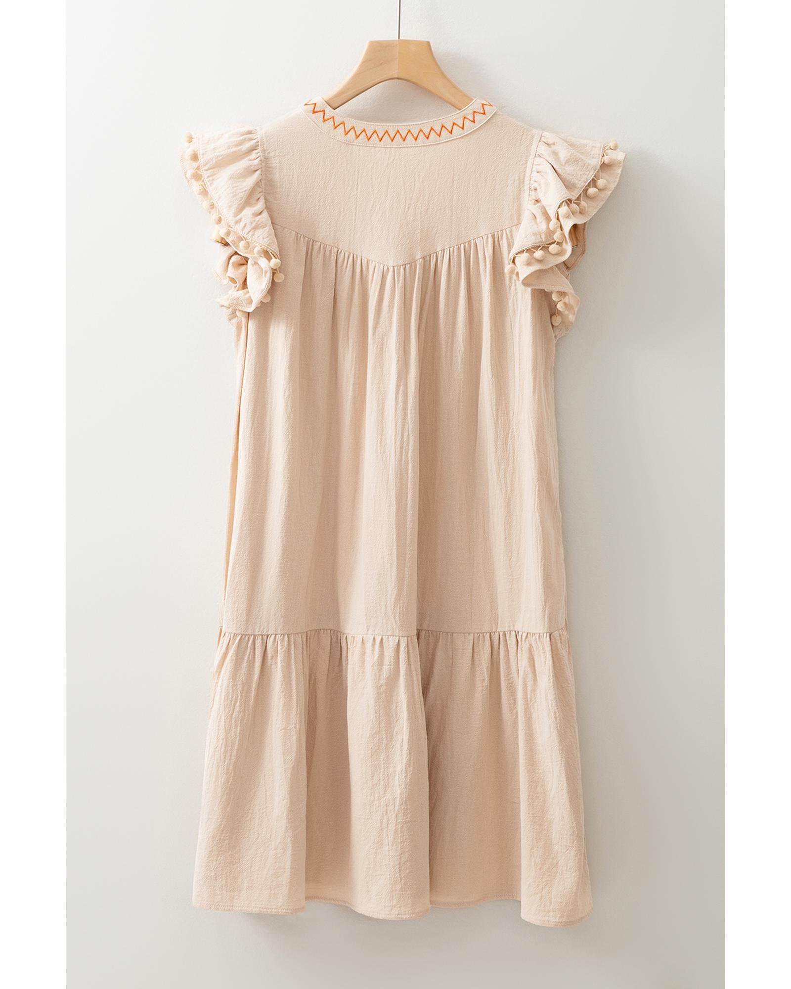 Jet Stream Linen Embroidery Split Neck Pom Pom Ruffle Sleeves Flowy Short Dress - S