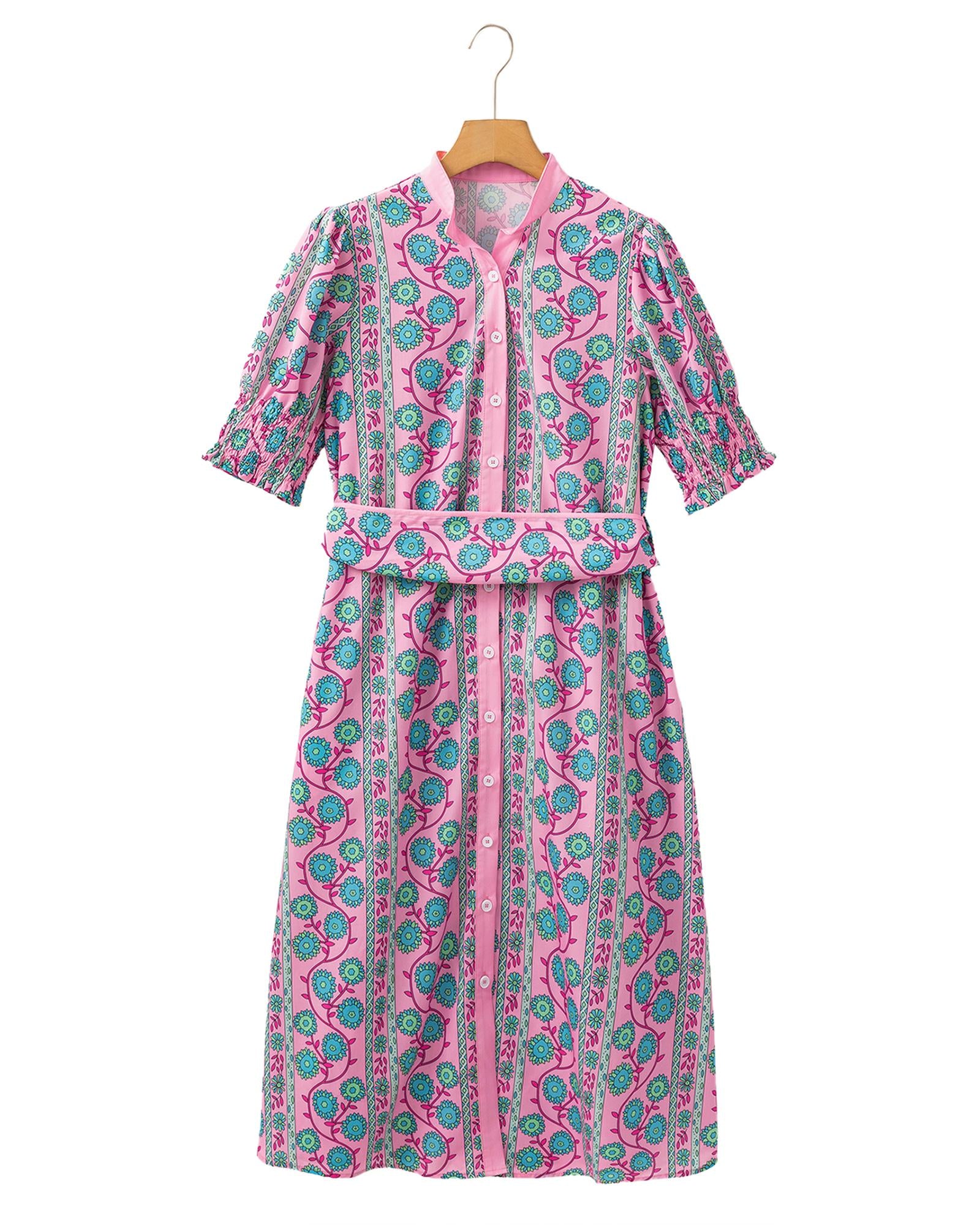Pink Floral Shirred Puff Sleeve Buttoned Front Midi Dress with Sash - M