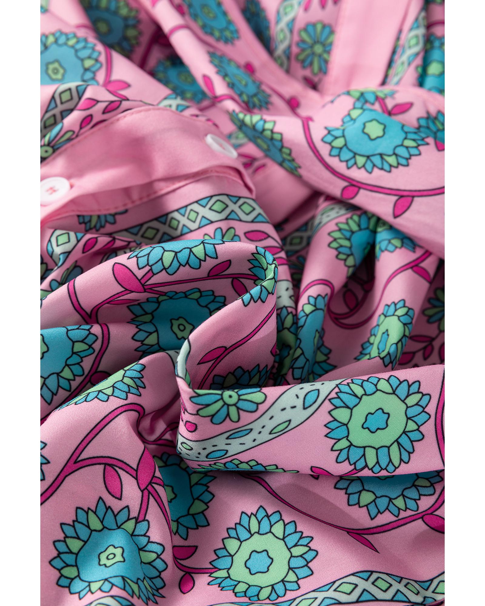 Pink Floral Shirred Puff Sleeve Buttoned Front Midi Dress with Sash - M