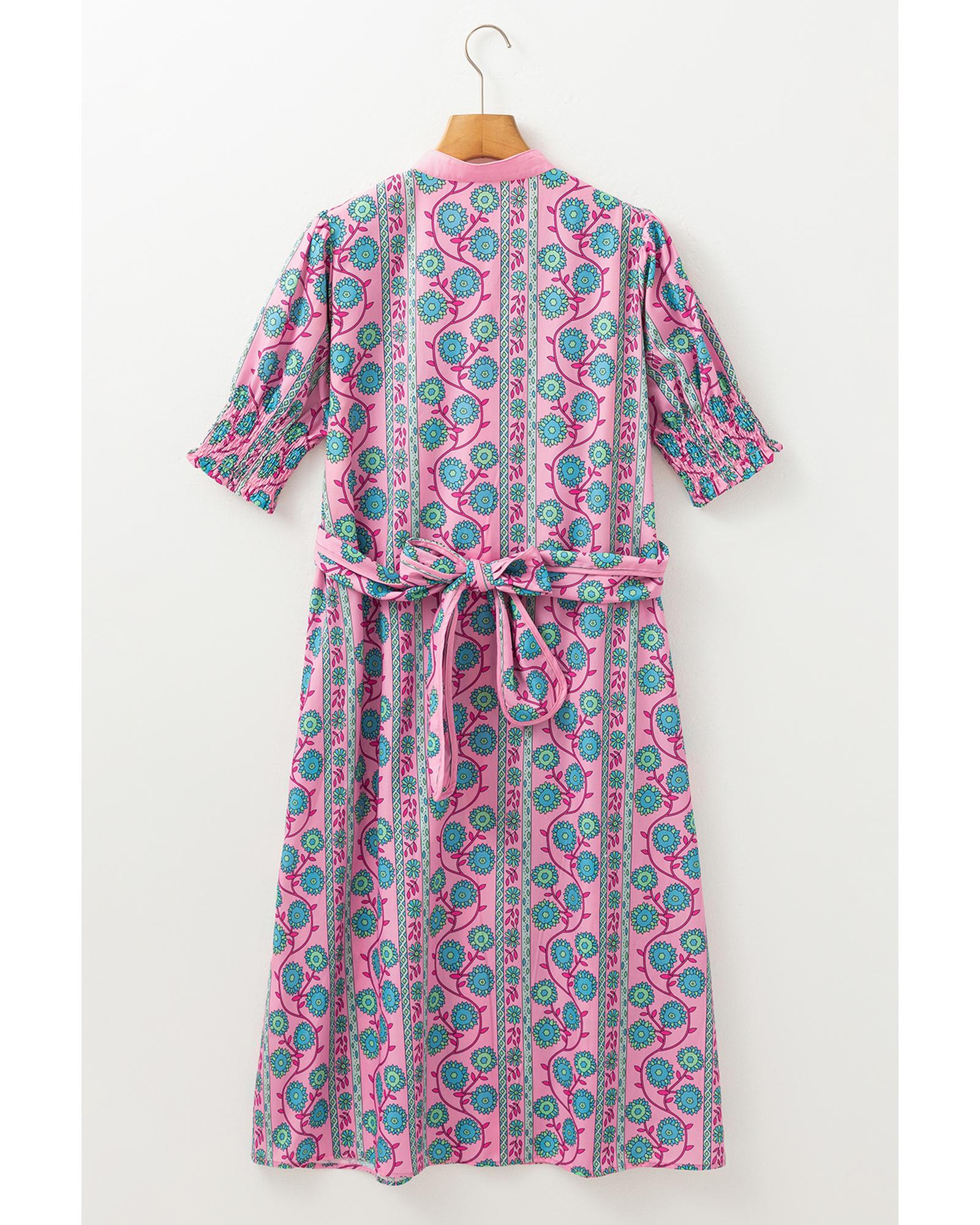 Pink Floral Shirred Puff Sleeve Buttoned Front Midi Dress with Sash - M