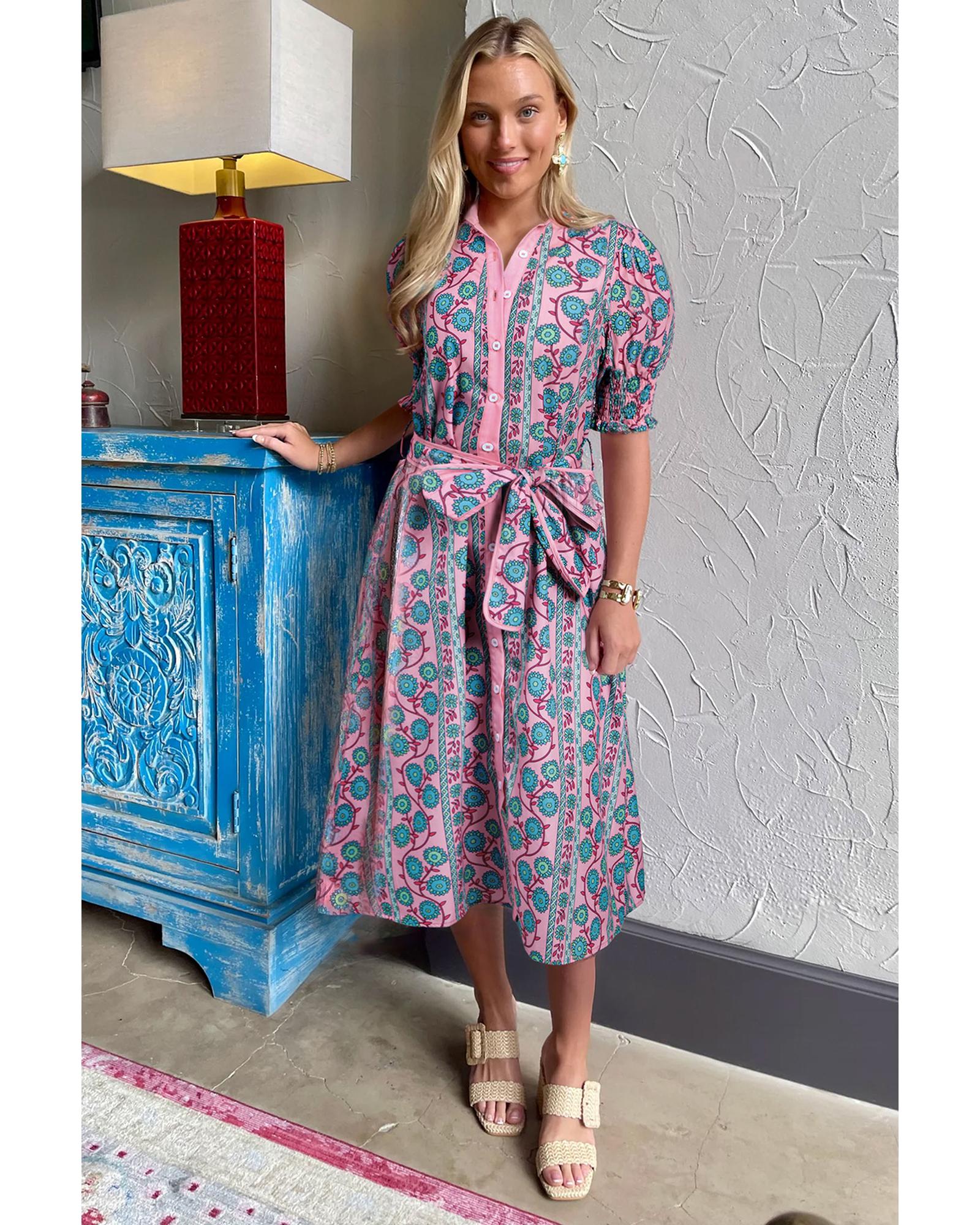 Pink Floral Shirred Puff Sleeve Buttoned Front Midi Dress with Sash - M