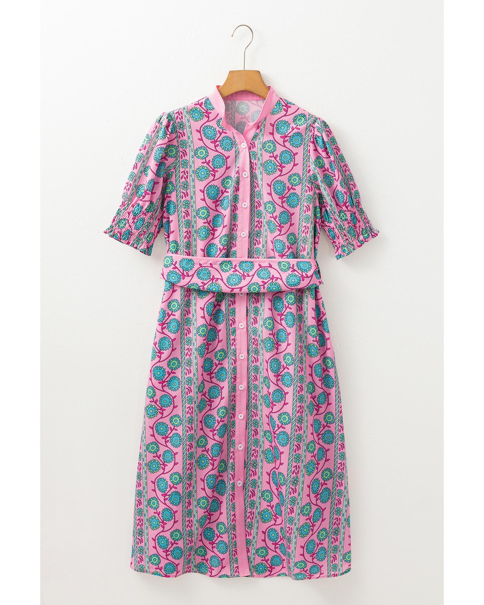 Pink Floral Shirred Puff Sleeve Buttoned Front Midi Dress with Sash - XL