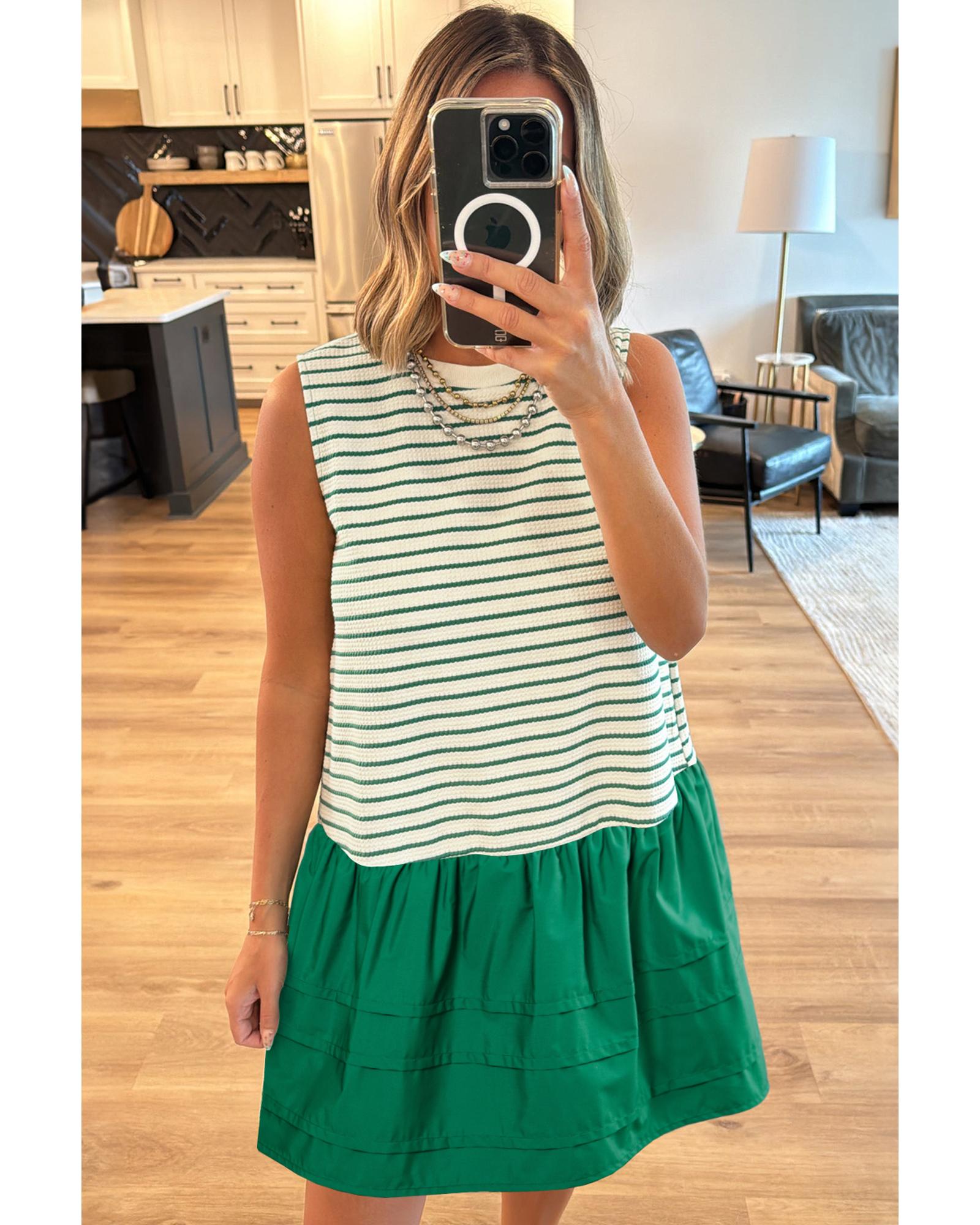 Green Stripe Woven Ruffled Sleeveless Mini Dress - L