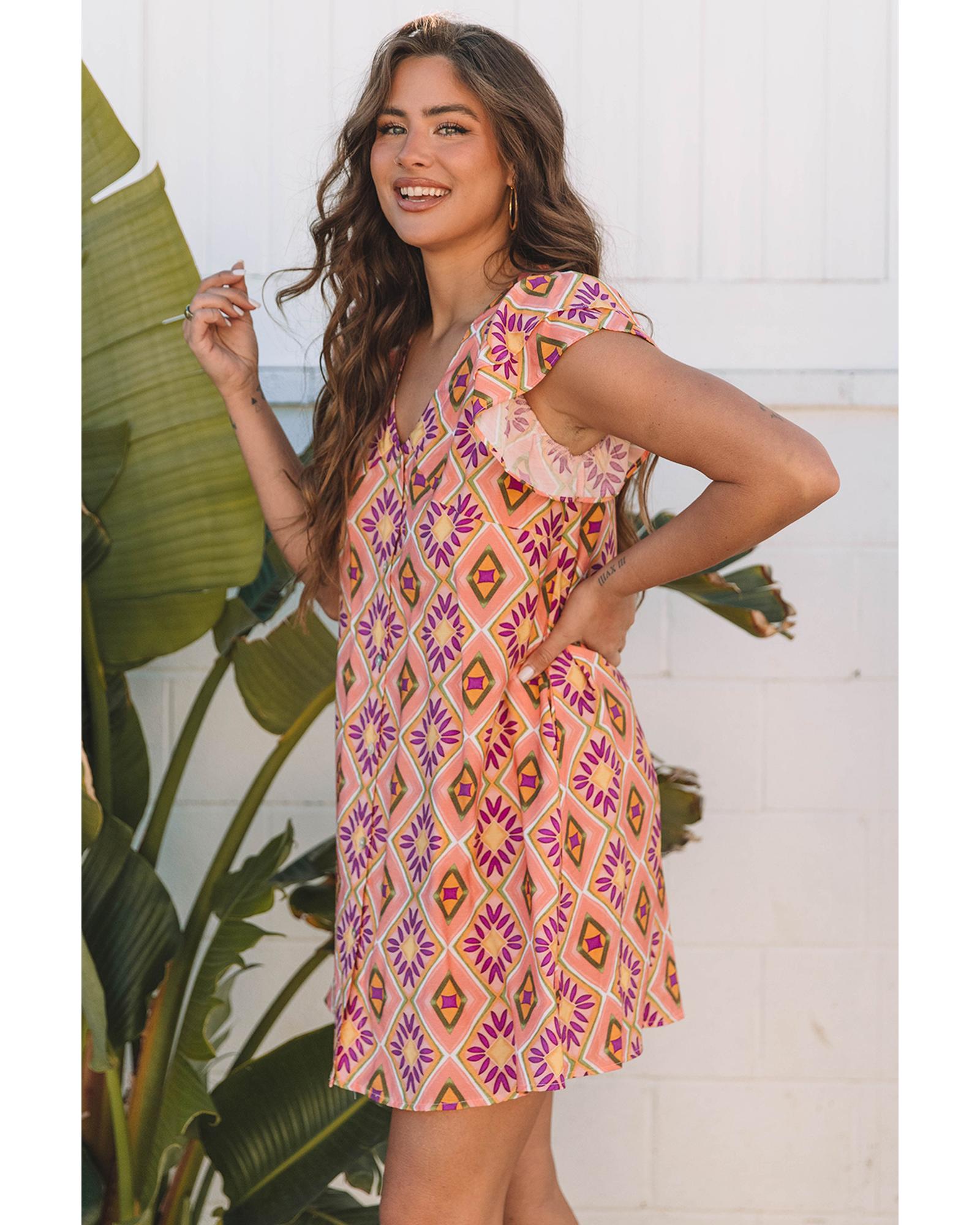 Orange Geometric Floral V Neck Buttoned Ruffled Sleeve Mini Dress - XL