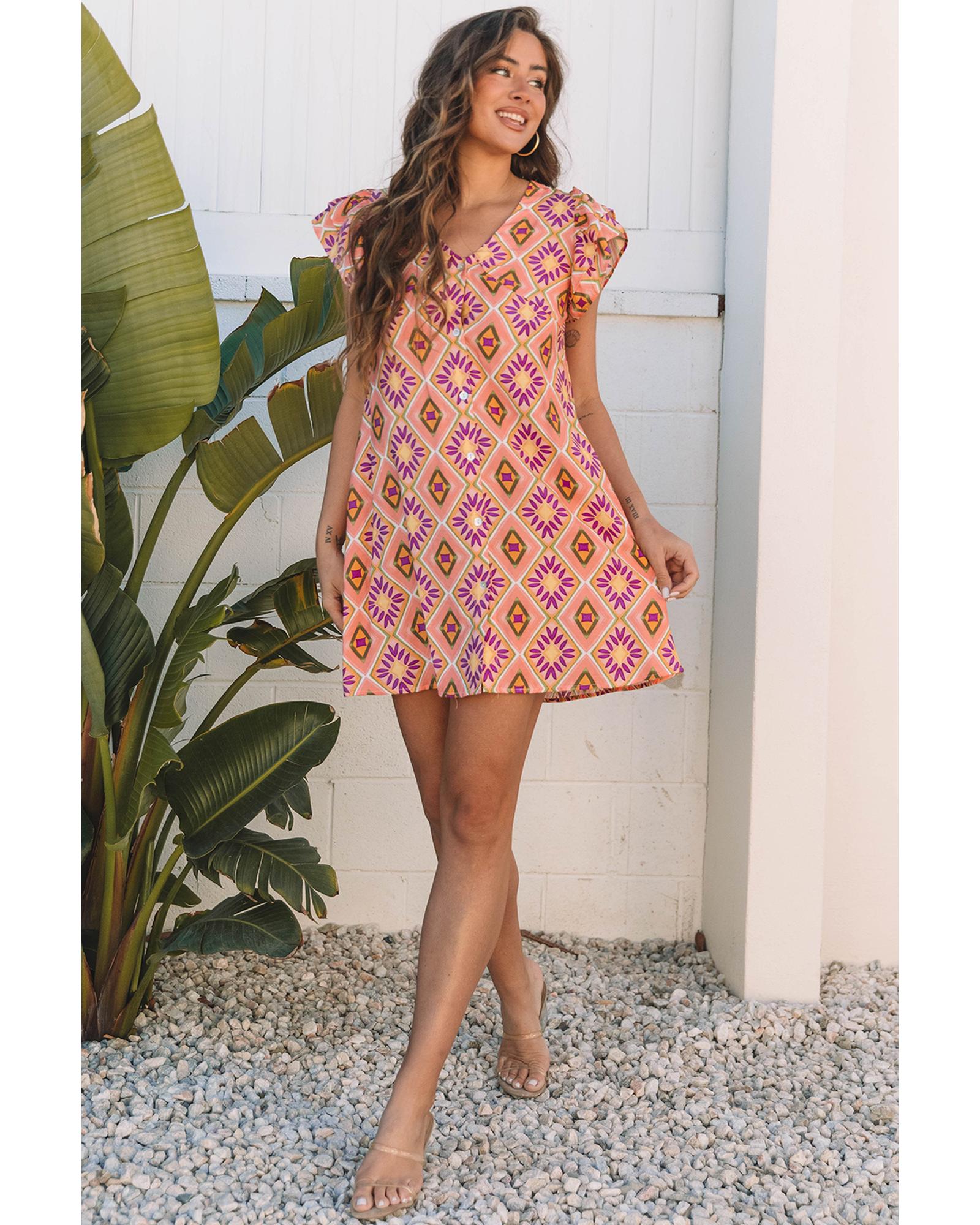 Orange Geometric Floral V Neck Buttoned Ruffled Sleeve Mini Dress - XL