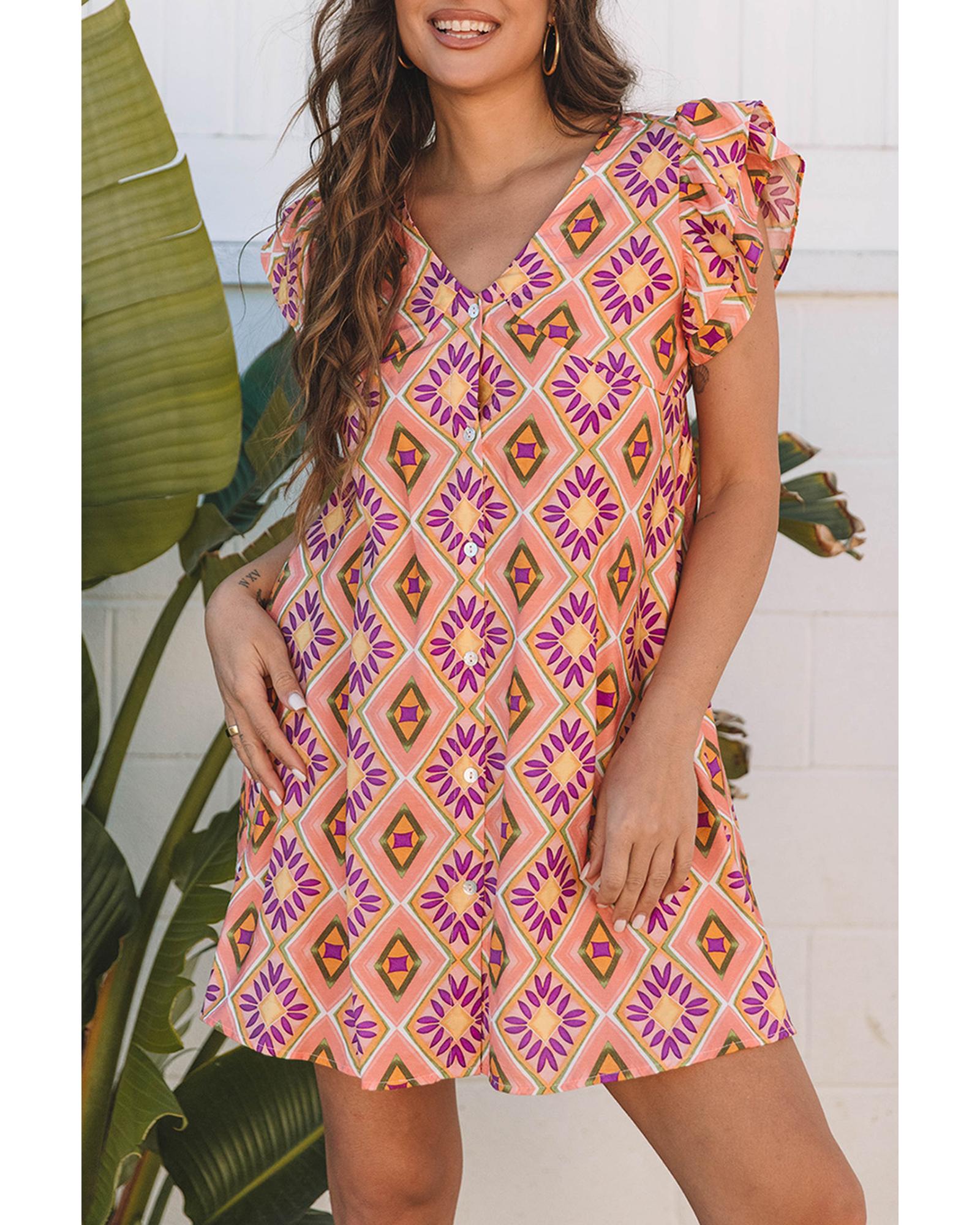 Orange Geometric Floral V Neck Buttoned Ruffled Sleeve Mini Dress - XL
