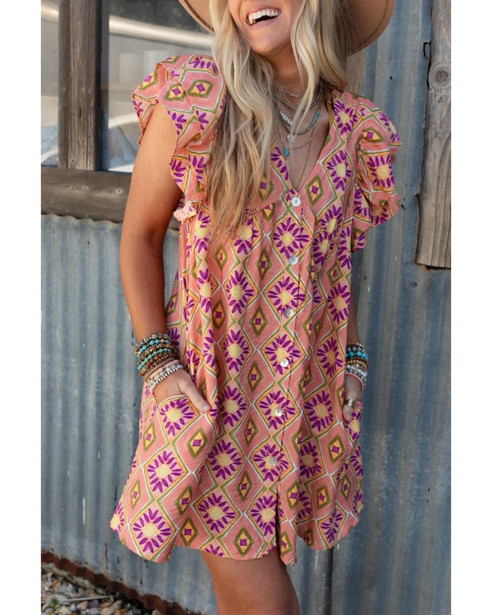 Orange Geometric Floral V Neck Buttoned Ruffled Sleeve Mini Dress - XL