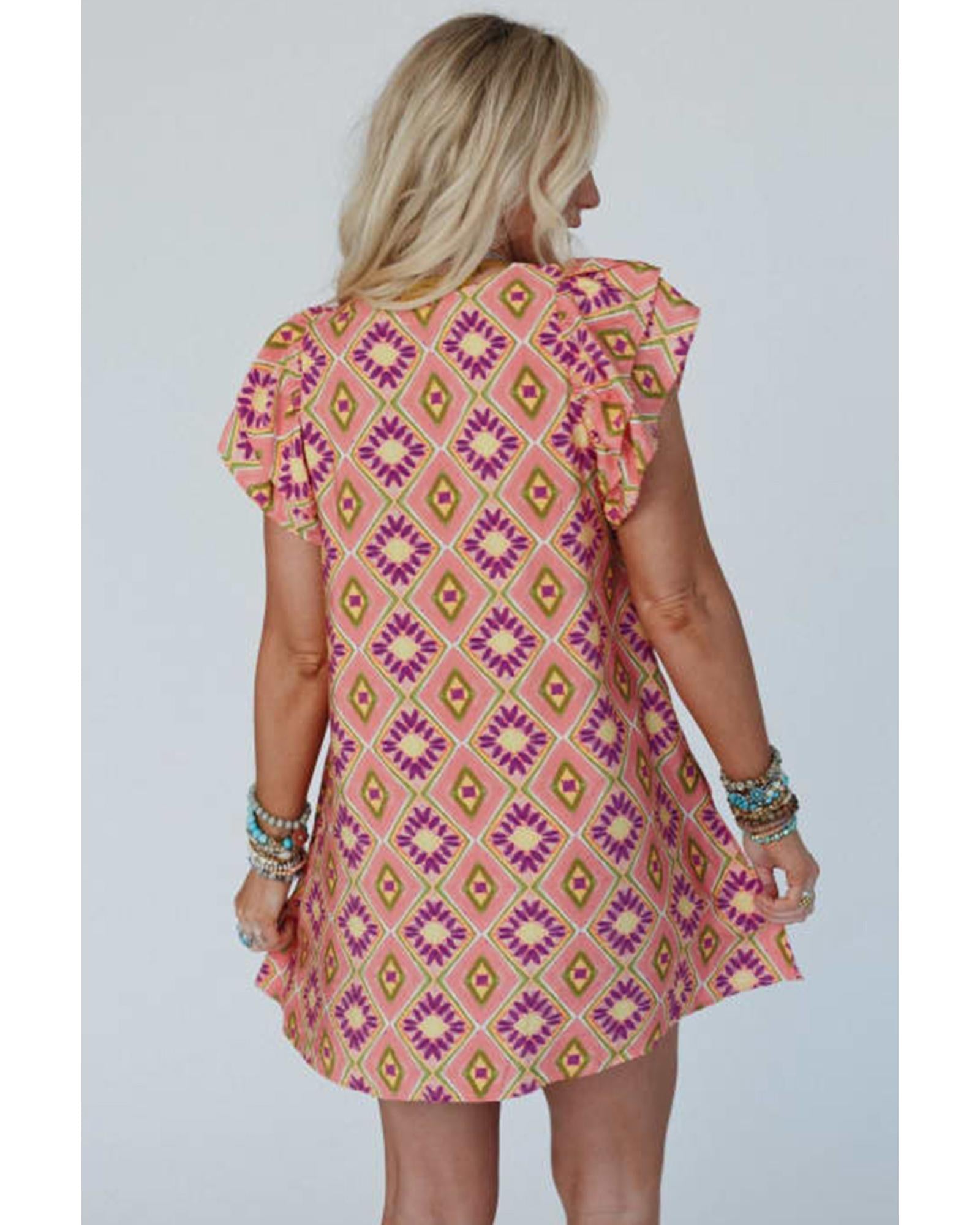 Orange Geometric Floral V Neck Buttoned Ruffled Sleeve Mini Dress - XL