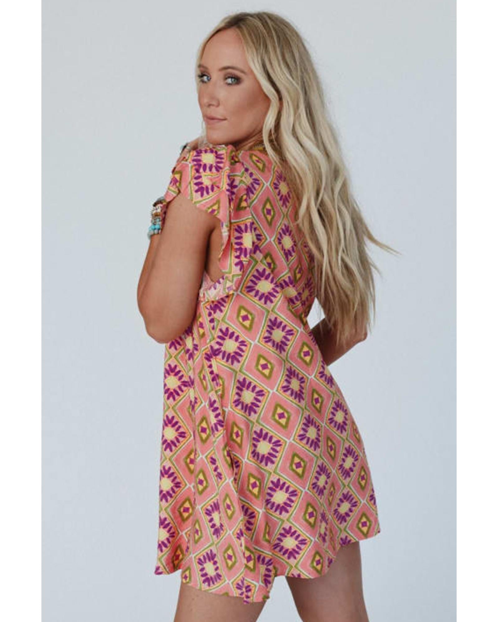 Orange Geometric Floral V Neck Buttoned Ruffled Sleeve Mini Dress - XL