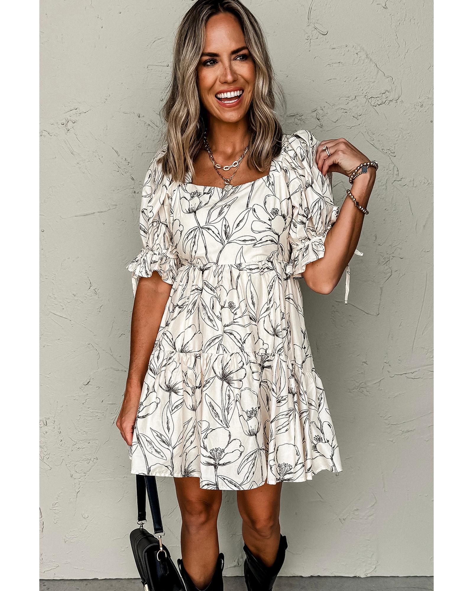 Beige Floral Print Square Neck Shirred Back Puff Sleeve Mini Dress - M