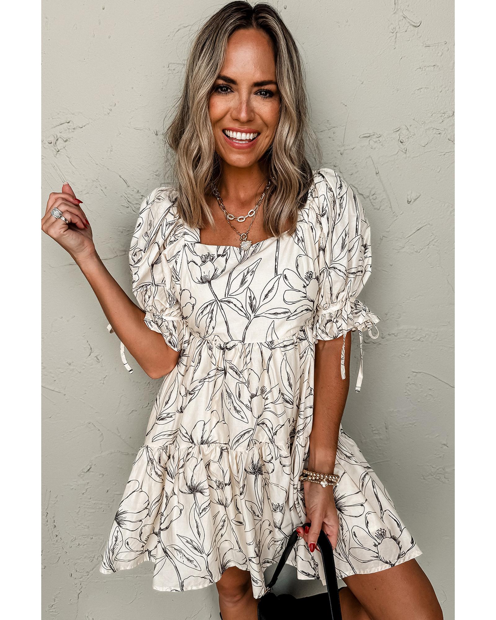 Beige Floral Print Square Neck Shirred Back Puff Sleeve Mini Dress - M