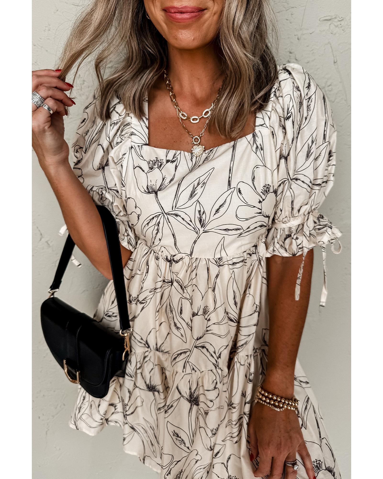 Beige Floral Print Square Neck Shirred Back Puff Sleeve Mini Dress - XL