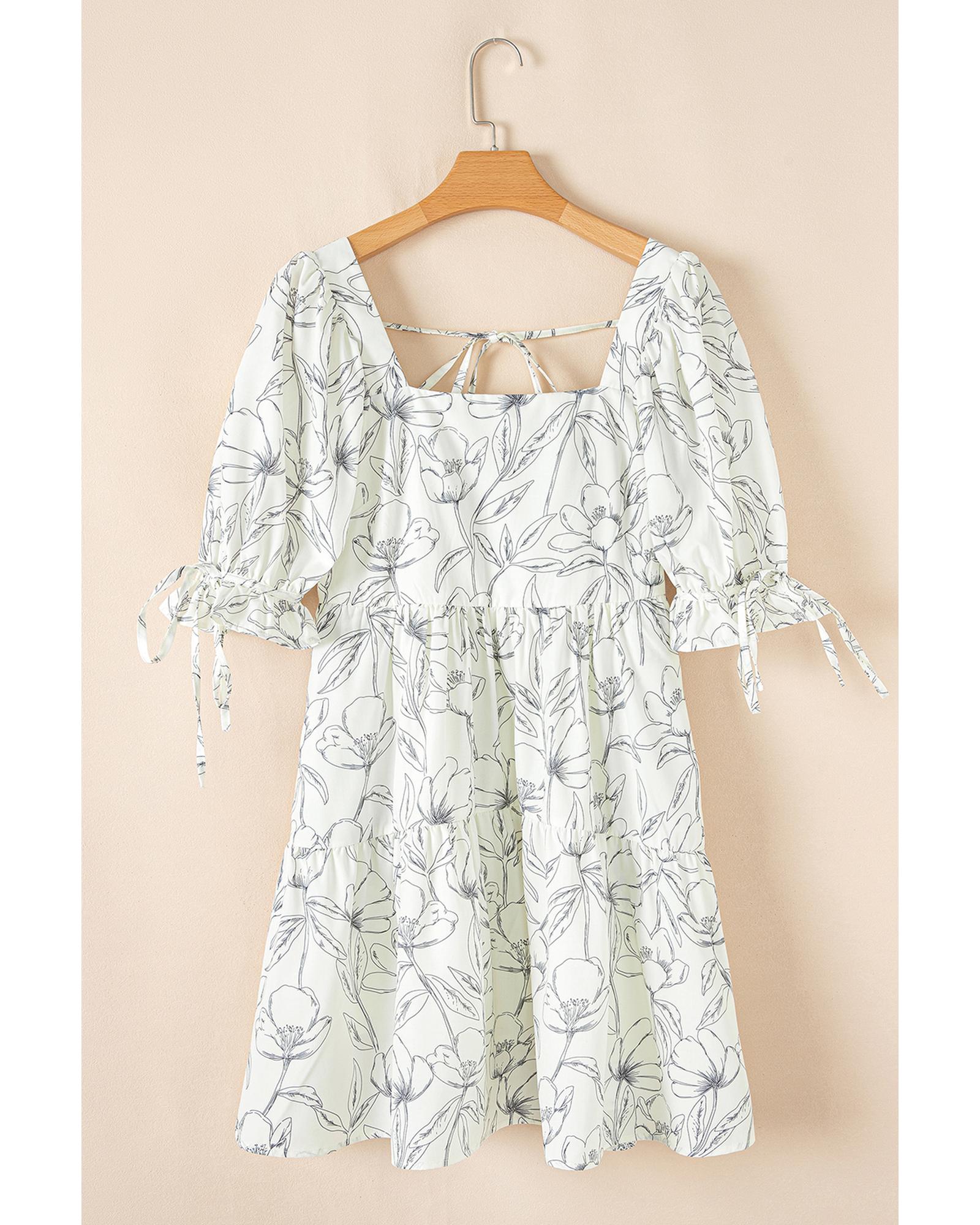Beige Floral Print Square Neck Shirred Back Puff Sleeve Mini Dress - XL